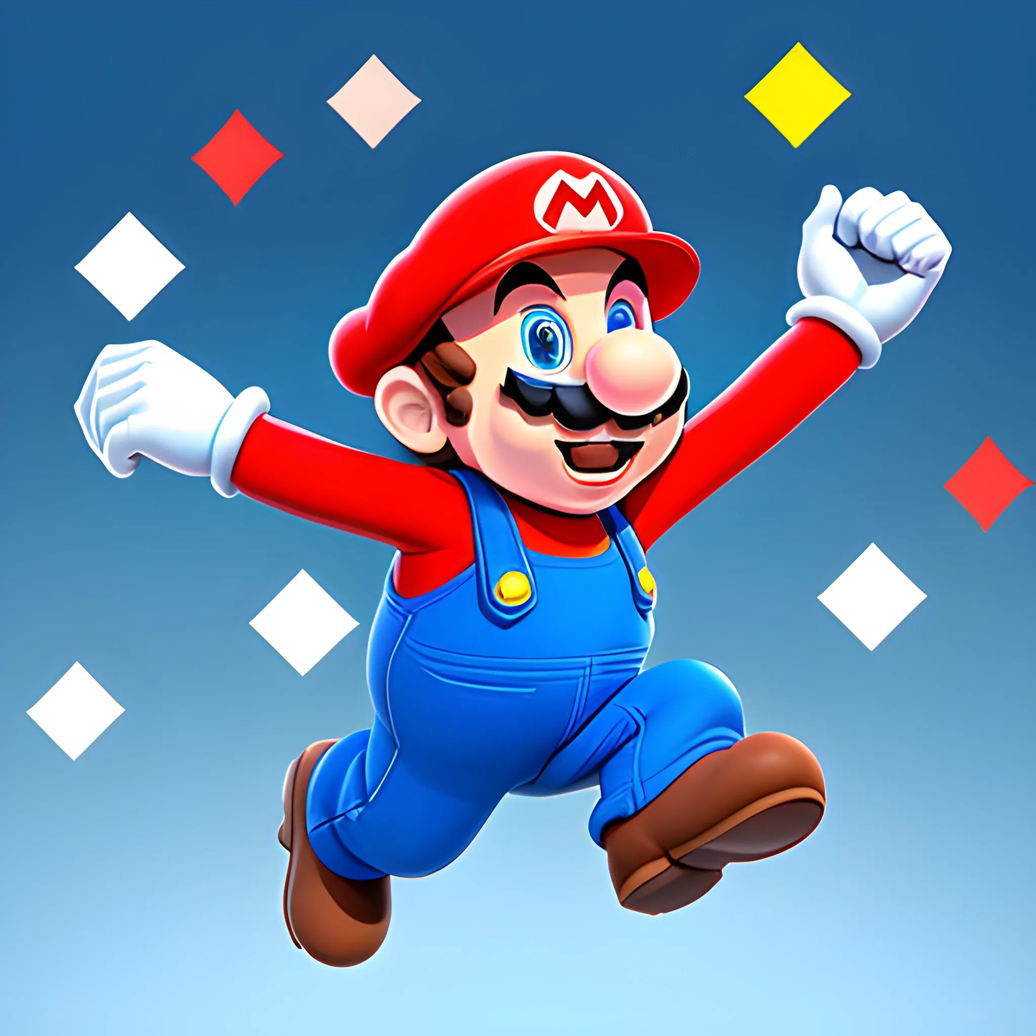 super mario bros game character, big smile, jumping, hyper deta..., Cartoon