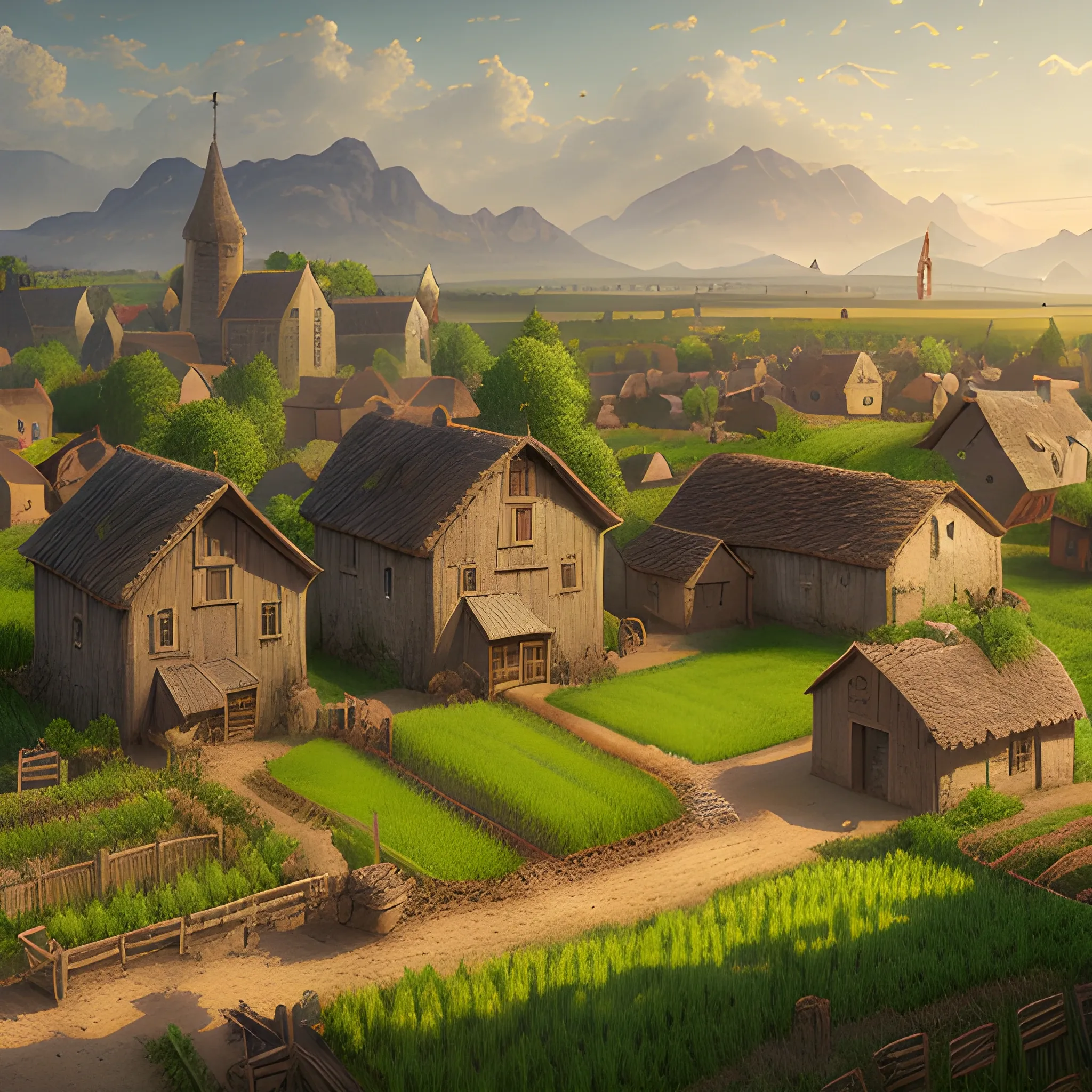 grain, field, Agricultural village, village, field, medieval, 8k, high resolution, high quality, photorealistic, hyperrealistic, detailed, detailed matte painting, deep color, fantastical, intricate detail, splash screen, complementary colors, fantasy concept art, 8k resolution trending on Artstation Unreal Engine