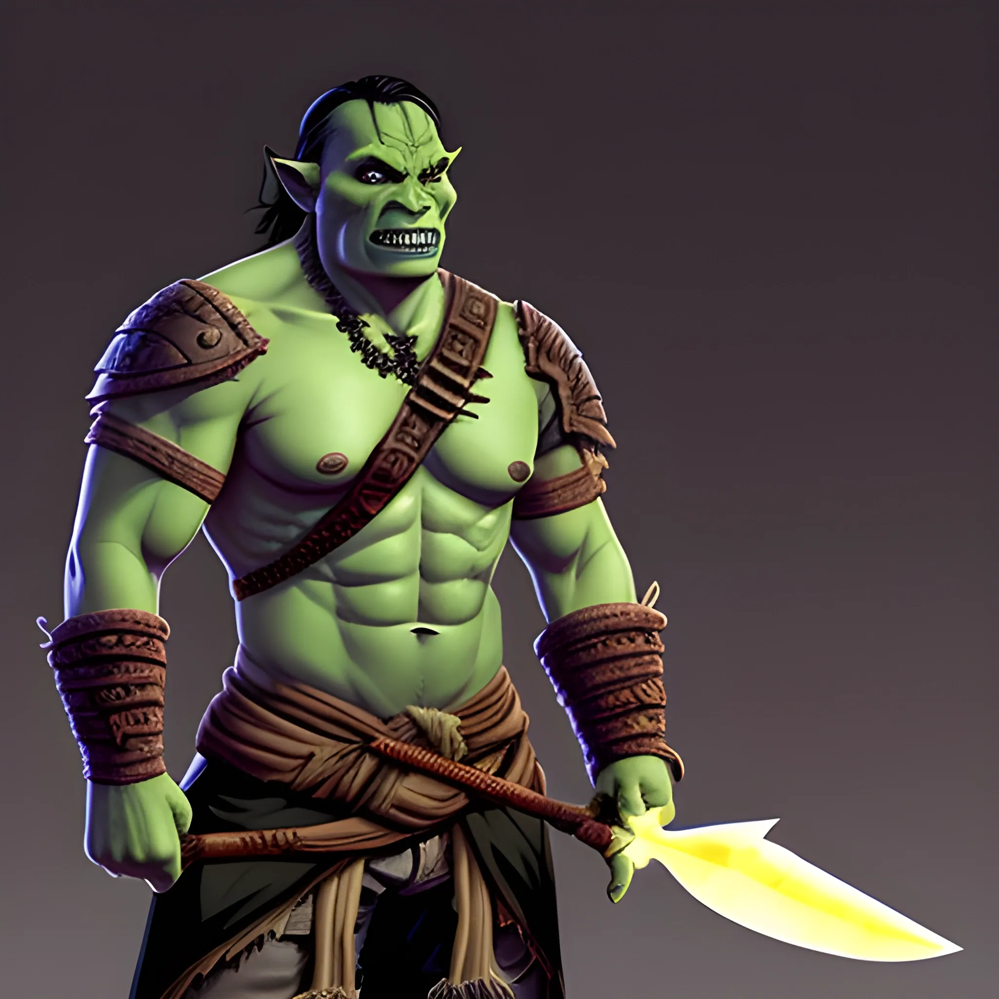 A handsome half orc male, wielding a shortsword and necrotic magic