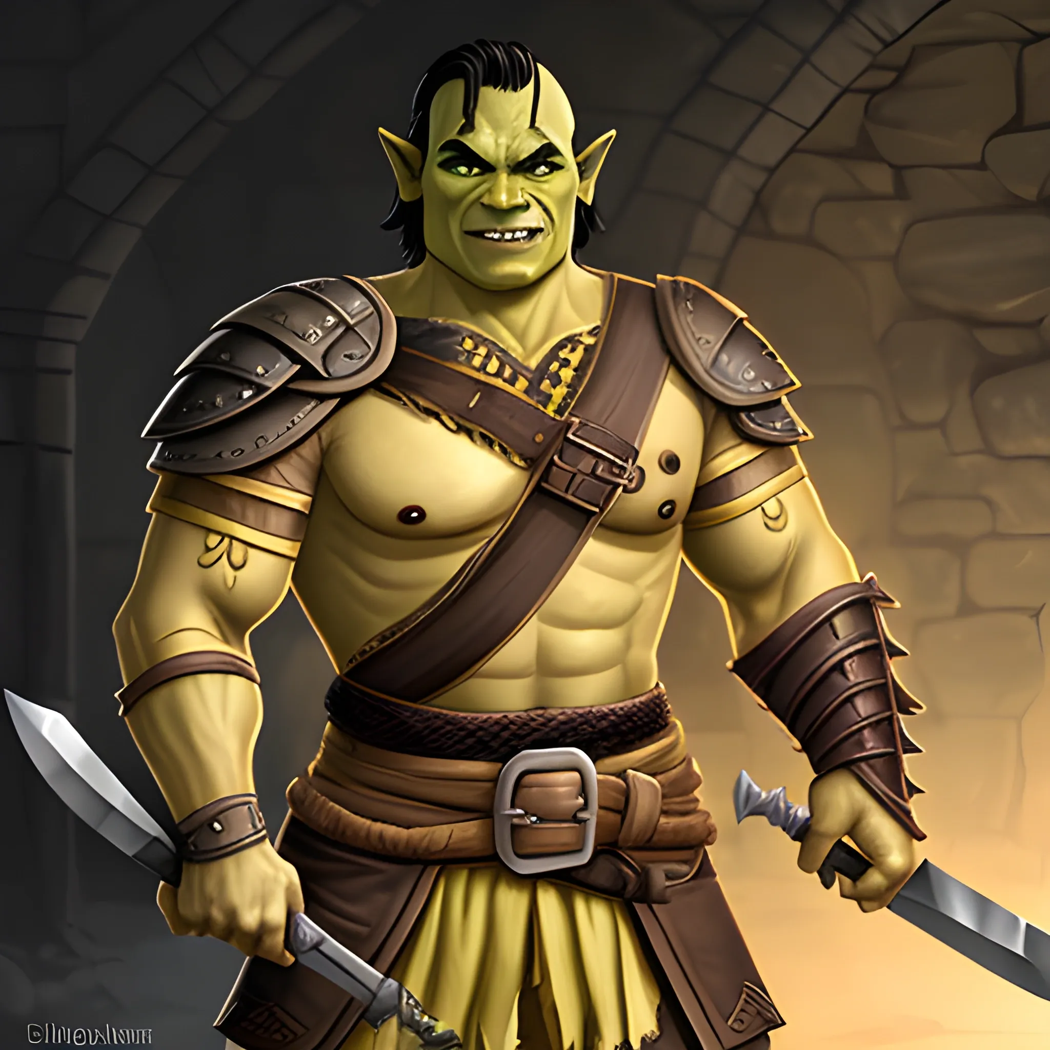 A handsome half orc male, wielding a shortsword, light yellow skin, leather armor