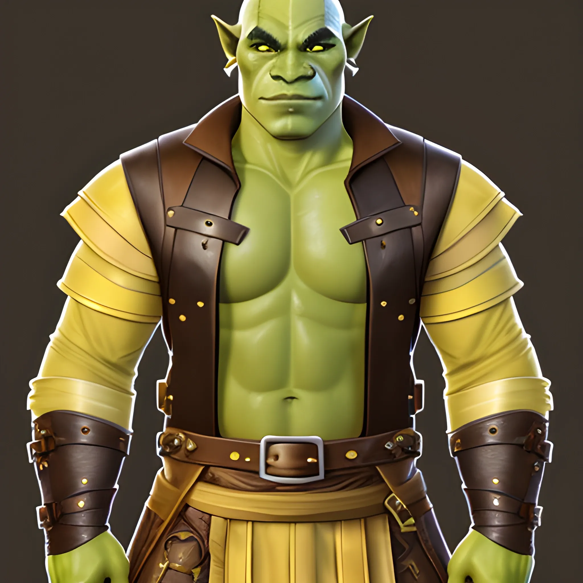 A handsome half orc male, light yellow skin, leather outfit