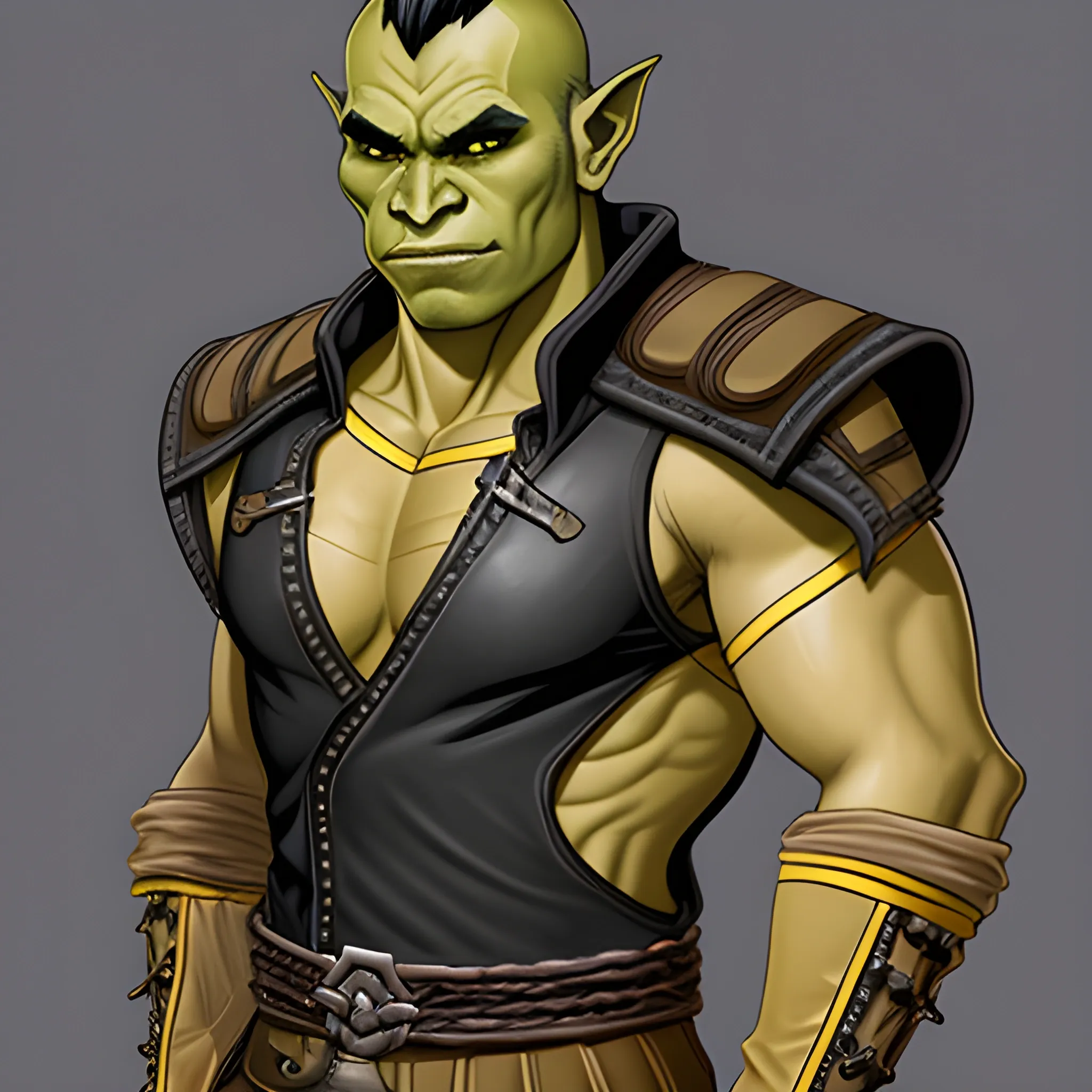 A handsome half orc male, light yellow skin, leather outfit with black sleeves and covering chest