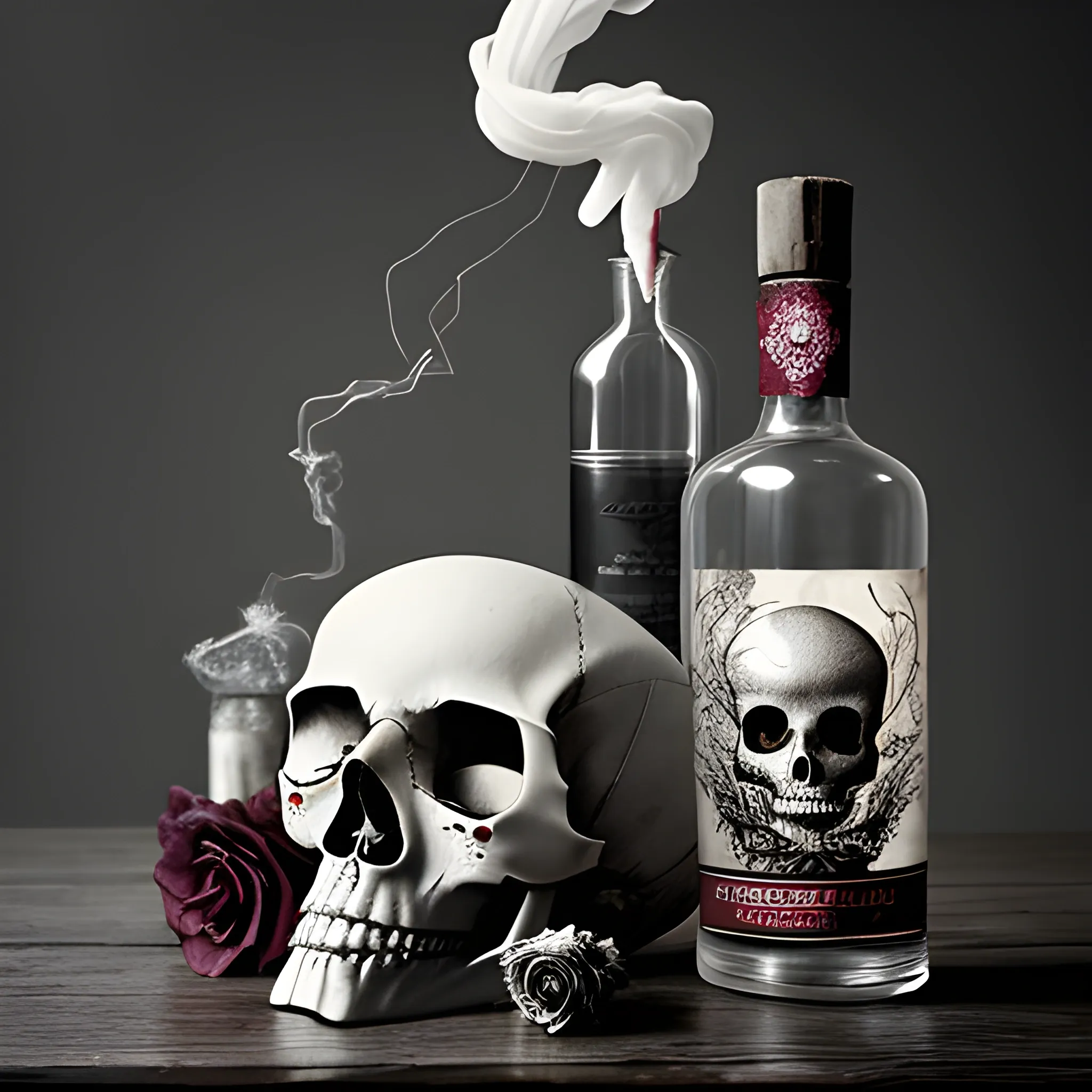 A hauntingly beautiful black and white photograph captures an emo-inspired scene, with a skull prominently placed in the center.This eerie centerpiece appears to be smoking a Marlboro Red cigarette, with the cigarette smoke rising ominously. The skull is adorned with cobwebs and dust, adding to the dark and moody atmosphere. To the left, a bouquet of withered roses and crusty hibiscus flowers stands out against the muted, dim tones, with some petals scattered around. To the right, a bottle of 'Joe Corona' tequila, spiderwebs, and a vintage 'PLAYBOY' magazine create a striking contrast. The wooden surface beneath the skull complements the somber ambiance, and the scene is enveloped in a hazy, smoky atmosphere., photo, cinematic