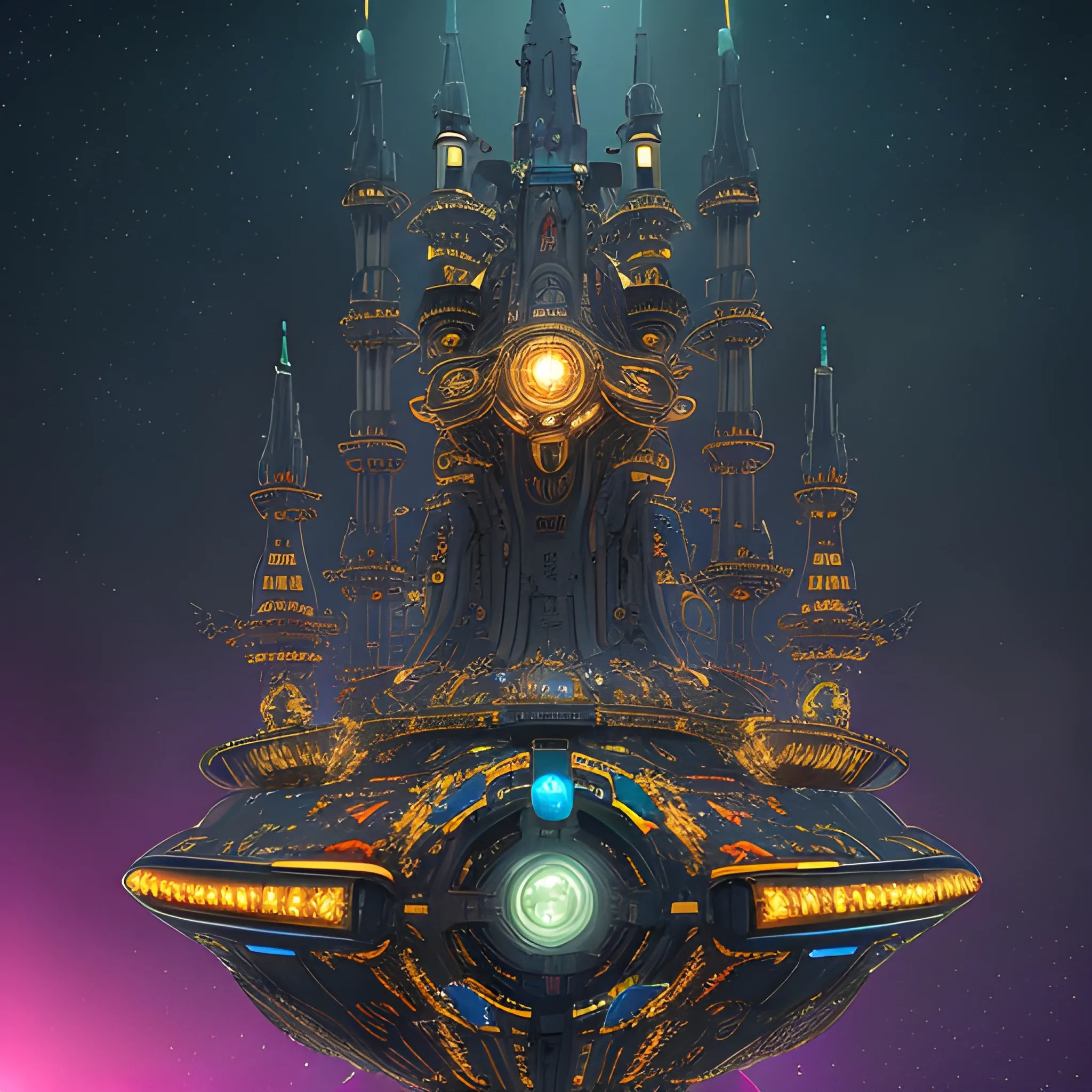 Alien starship with medieval castle-like turrets, anodized dark forest green metallic crimson red hull, gold matte finish, amidst a stars-filled night sky, within a 4D environment of vibrant colors, intricate mechanisms exposed, adorned with dark leather straps and metallic golden accents, sprawling dark gears and levers reminiscent of ancient machinery, accented with pixel-perfect ornate details, 750 UHD resolution rendered in matte and gloss finishes reflecting luminescent diamond, infinity-exposed with mysterious auras rising from the nacelles that gleam softly in varied colors that appear rare and unrivaled, having battle zeppelin origins.