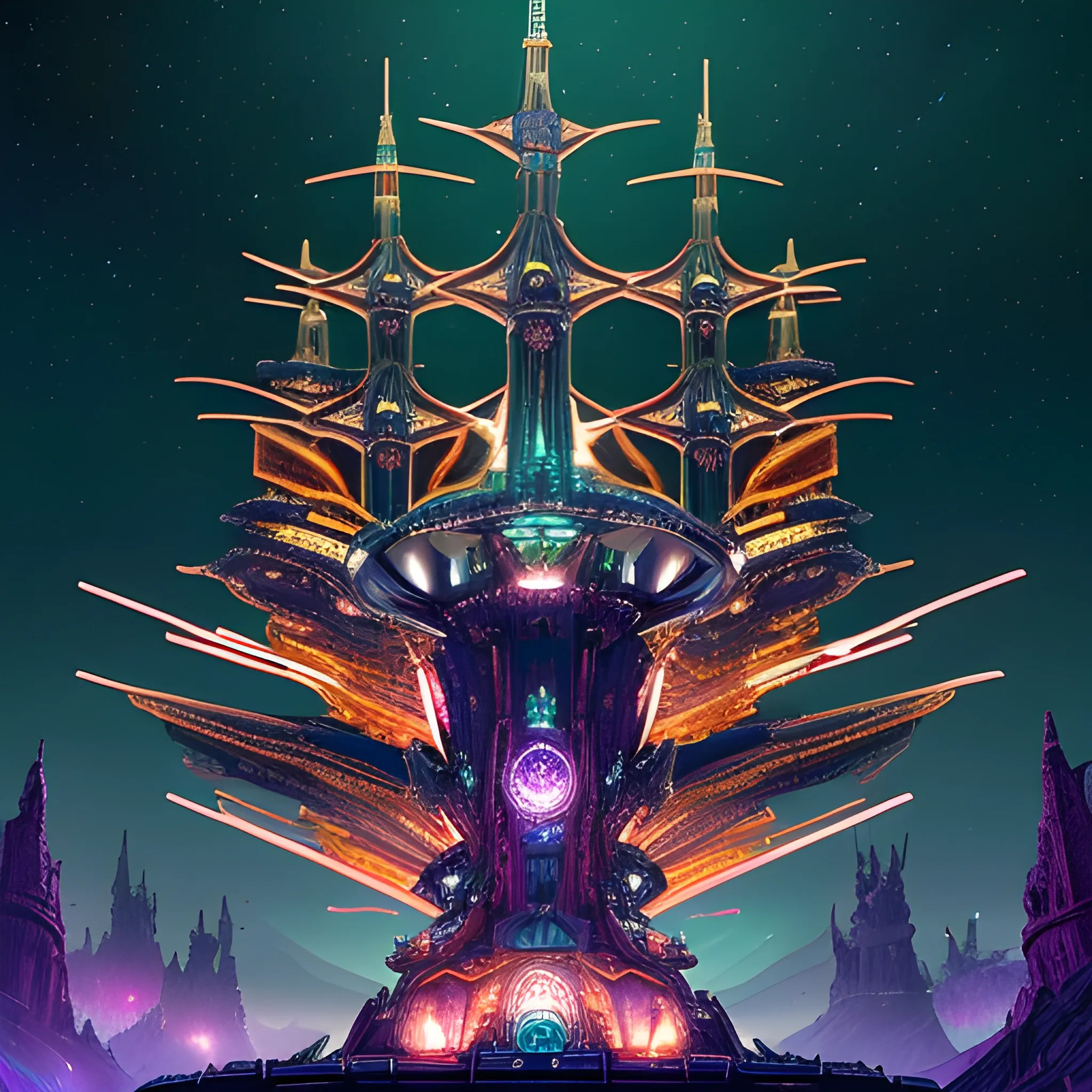 Alien starship with medieval castle-like turrets, anodized dark forest green metallic crimson red hull, gold matte finish, amidst a stars-filled night sky, within a 4D environment of vibrant colors, intricate mechanisms exposed, adorned with dark leather straps and metallic golden accents, sprawling dark gears and levers reminiscent of ancient machinery, accented with pixel-perfect ornate details, 750 UHD resolution rendered in matte and gloss finishes reflecting luminescent diamond, infinity-exposed with mysterious auras rising from the nacelles that gleam softly in varied colors that appear rare and unrivaled, having battle zeppelin origins.