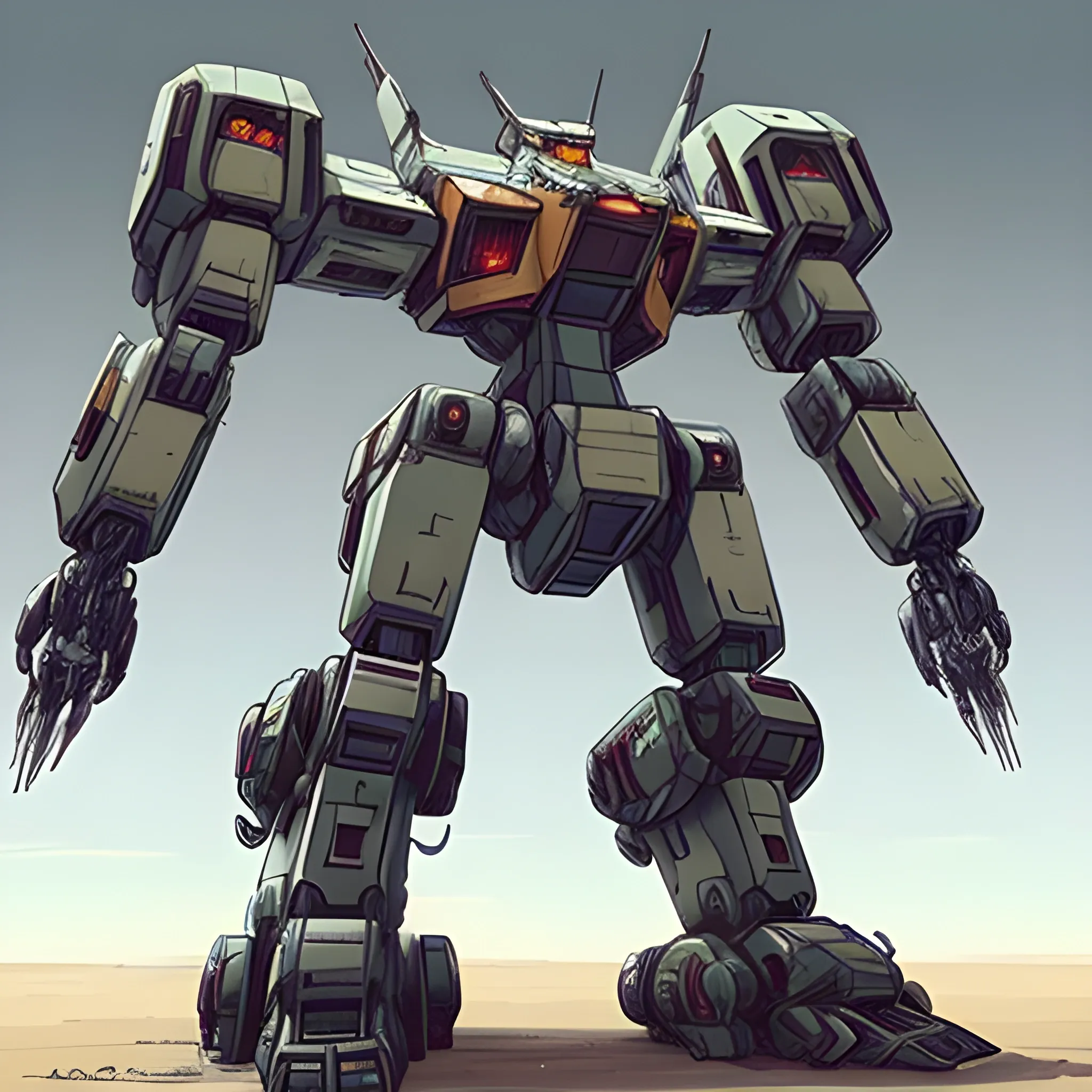 A huge bipedal mecha.  It has a hunched posture and a heavily reinforced fortress with several large cannons poking out.  The mecha is vaguely humanoid, with large weapon sponsons on its arms.