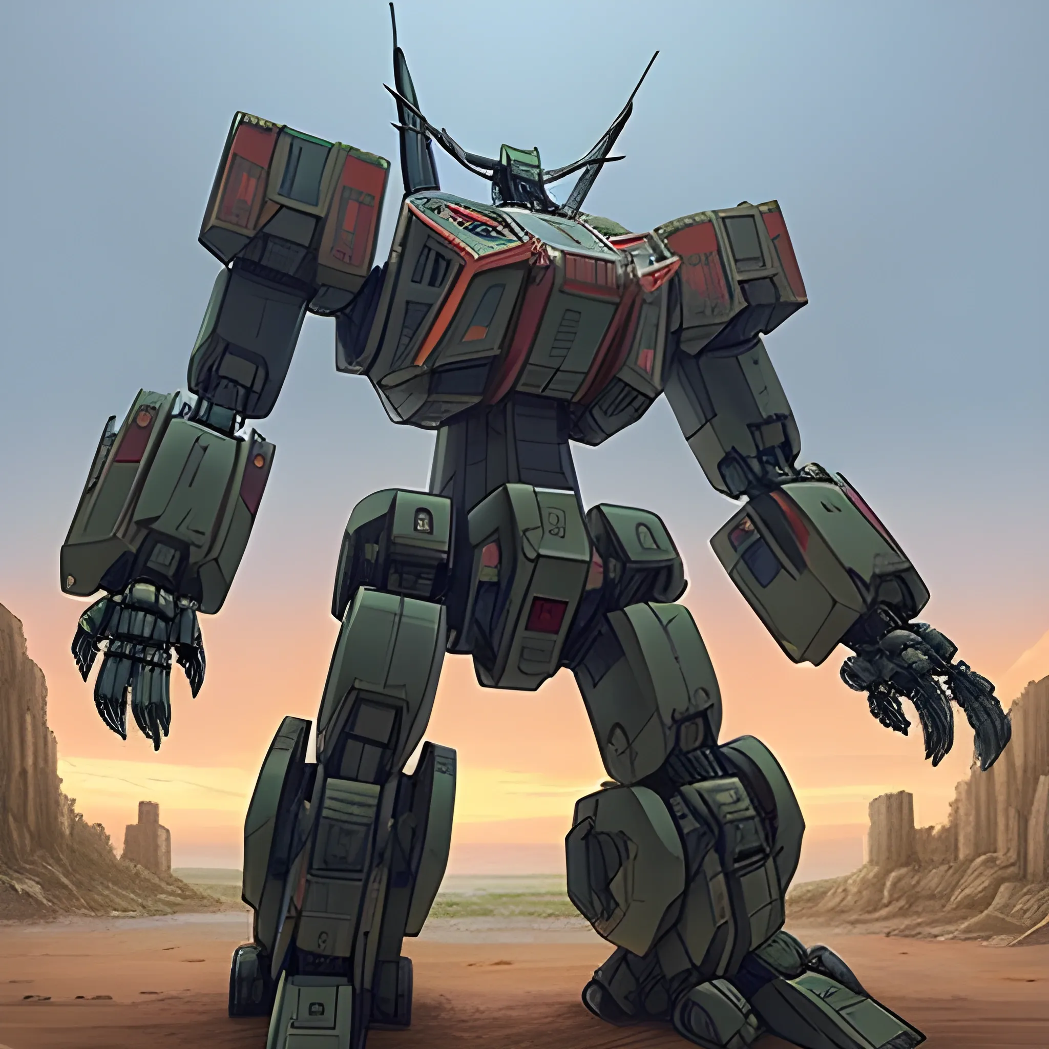 A huge bipedal mecha.  It has a hunched posture and a heavily reinforced fortress on its shoulders.  It looks vaguely humanoid.