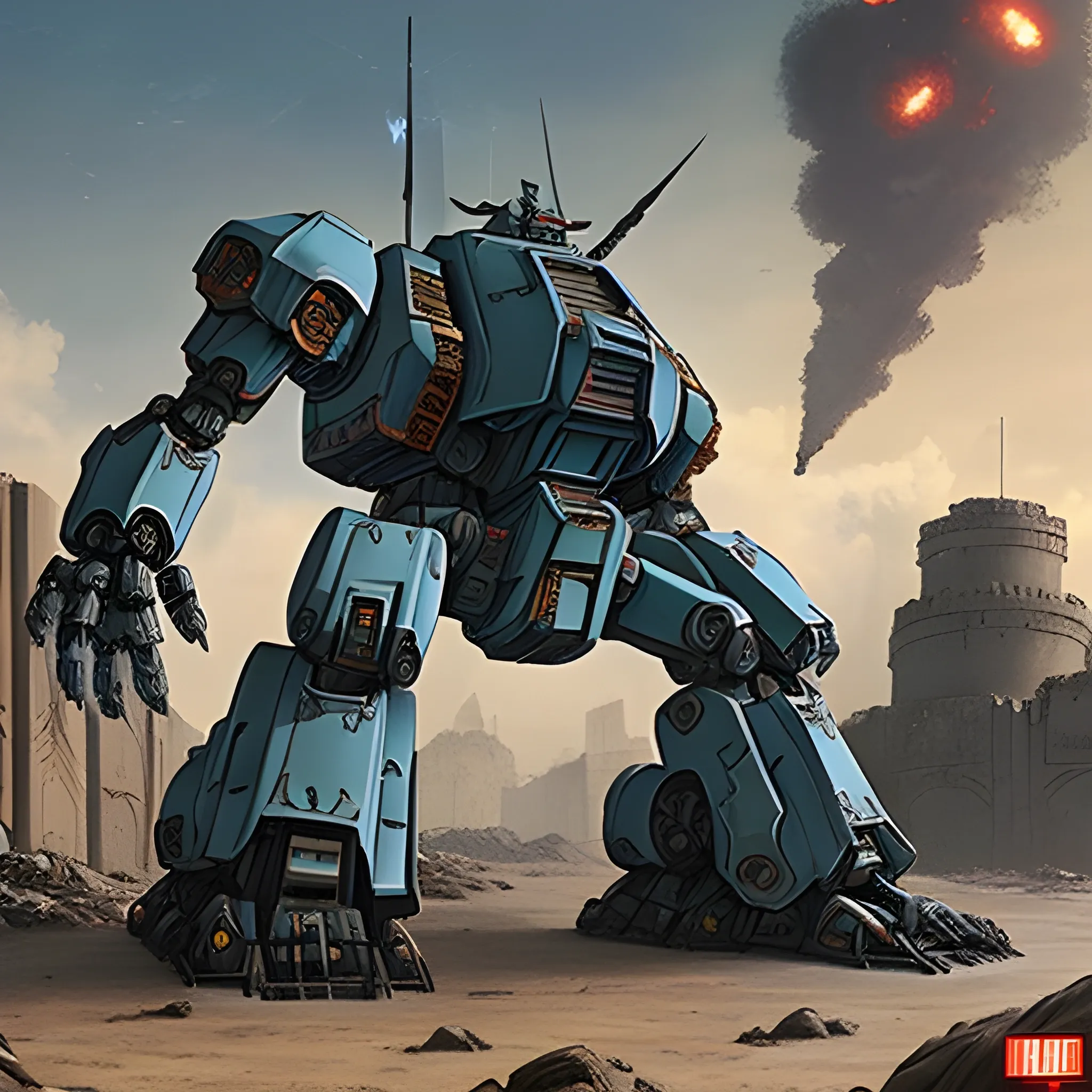 A huge bipedal mecha.  It has a hunched posture and a heavily reinforced fortress on its shoulders, and upper back.  The fortress has many artillery guns on it.  It looks like an Imperator Titan from Warhammer 40,000