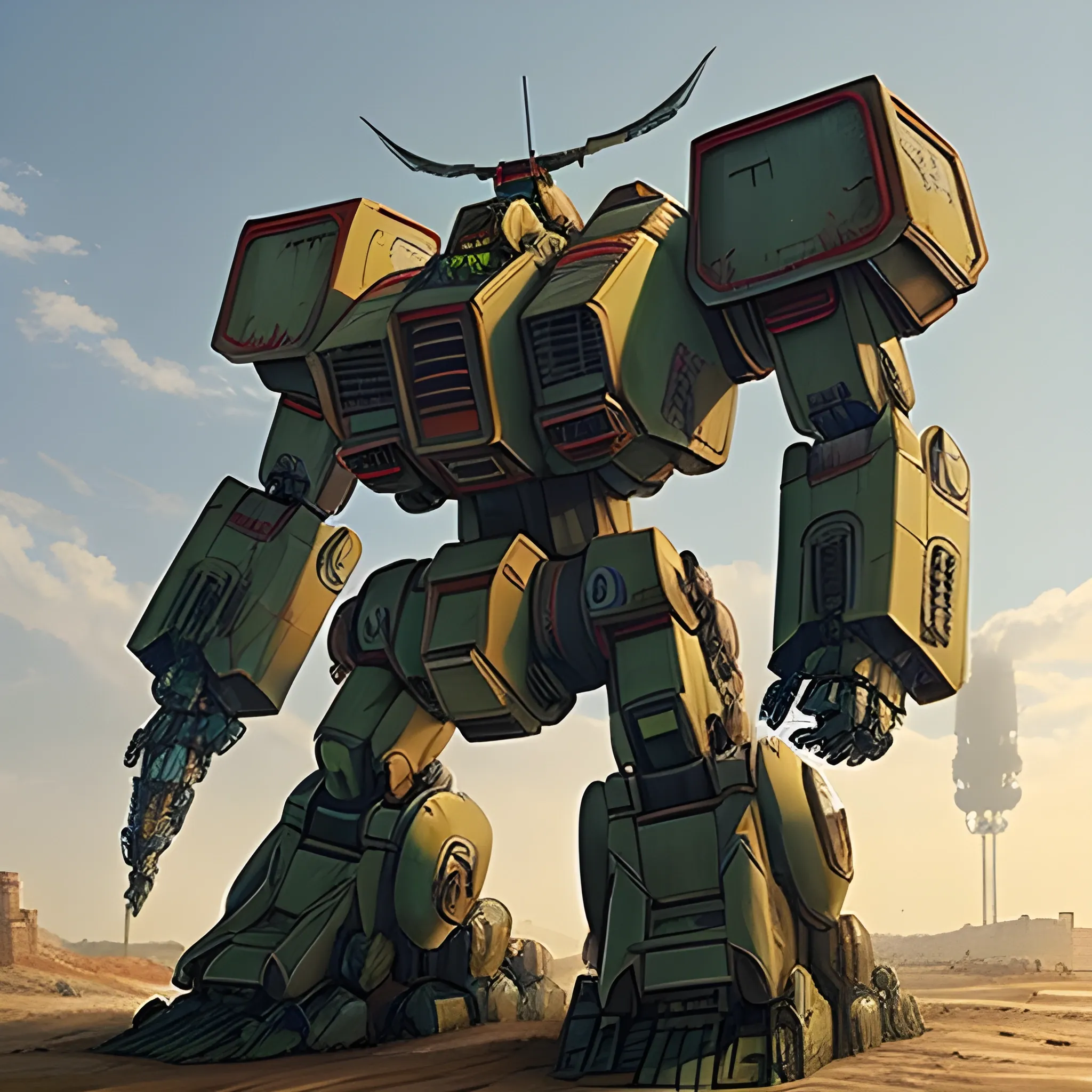 A huge bipedal mecha.  It has a hunched posture and a heavily reinforced fortress on its shoulders, and upper back.  The fortress has many artillery guns on it.  It looks like an Imperator Titan from Warhammer 40,000