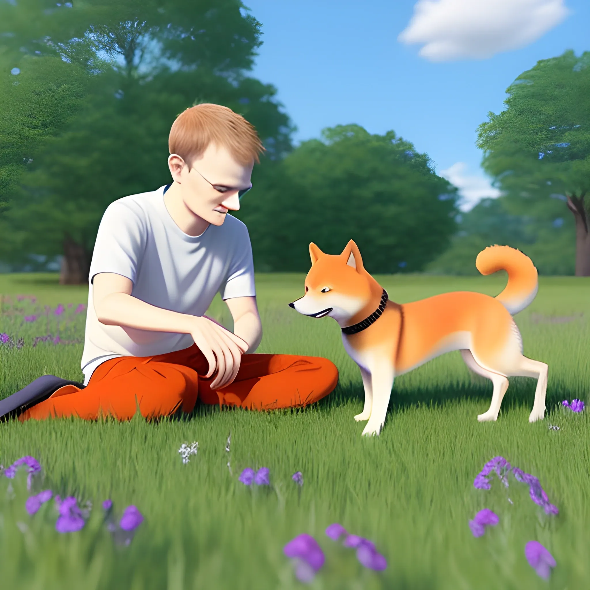 Vitalik Buterin is playing with his Shiba Inu in the grassland, all around him is a very beautiful and colorful view, 3D animation