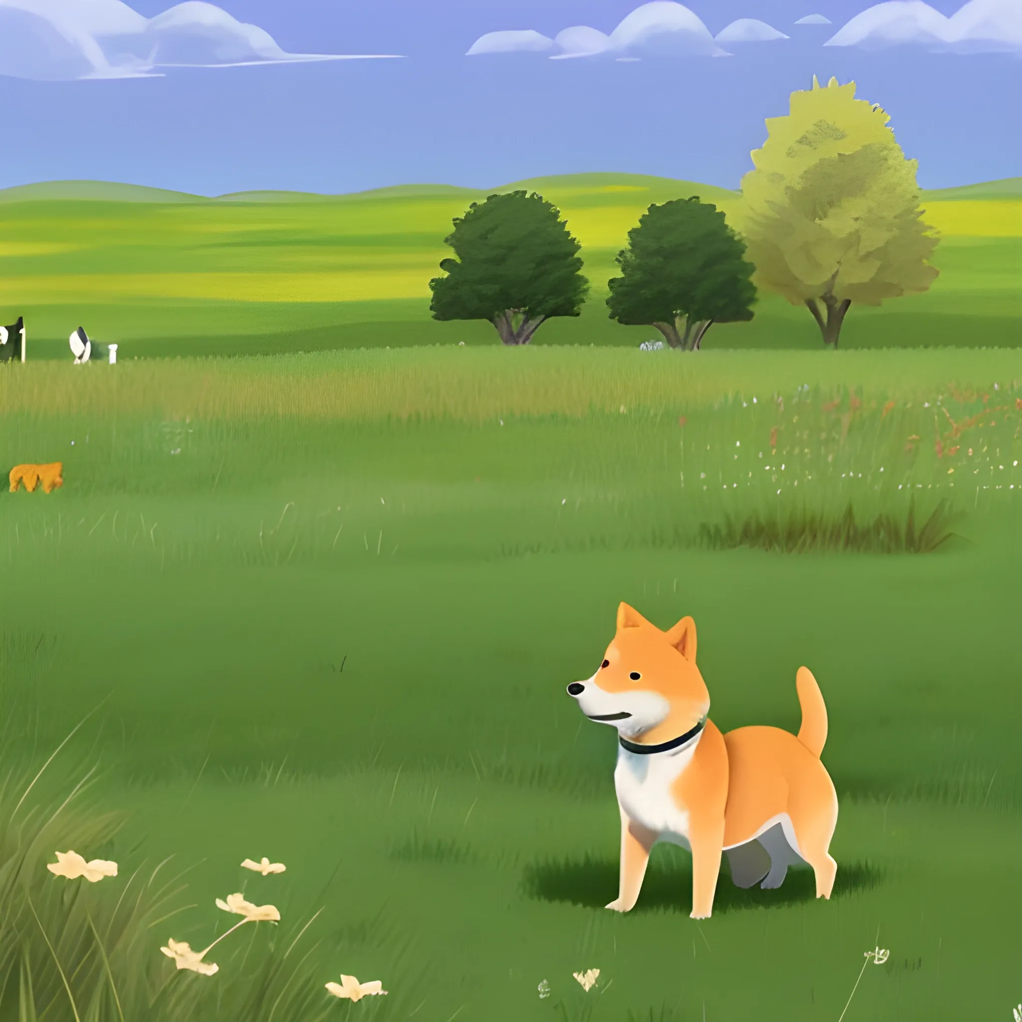 Vitalik Buterin is playing with his Shiba Inu in the grassland, all around him is a very beautiful and colorful view, , Cartoon