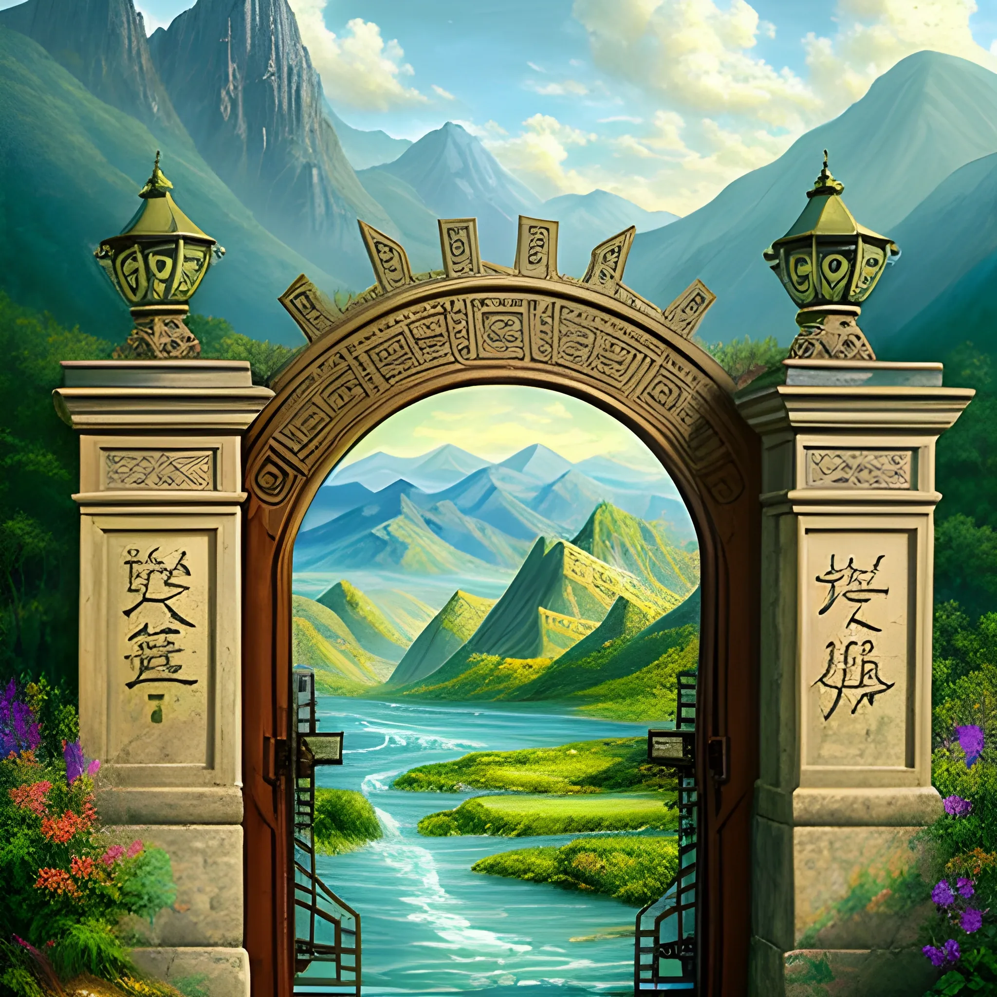 Nostalgic elements of the gate display oil painting design, interesting, green mountains and clear waters