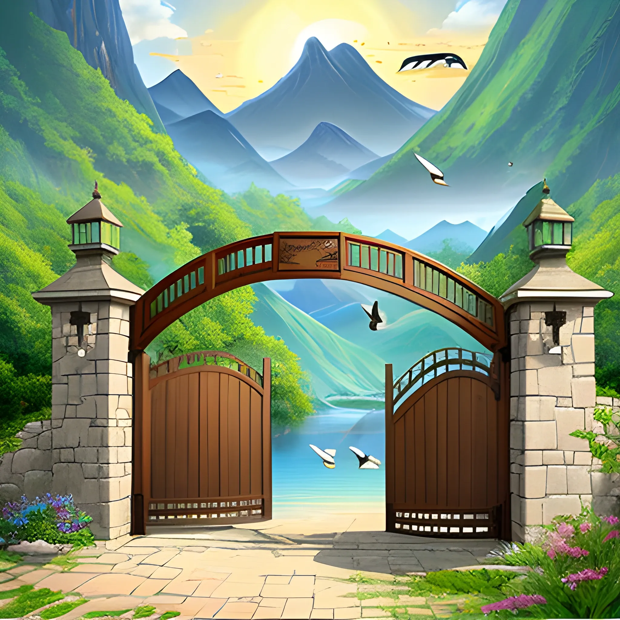 Nostalgic elements of the wooden gate display carton painting design, interesting, green mountains and clear waters，fish flying over the gate，