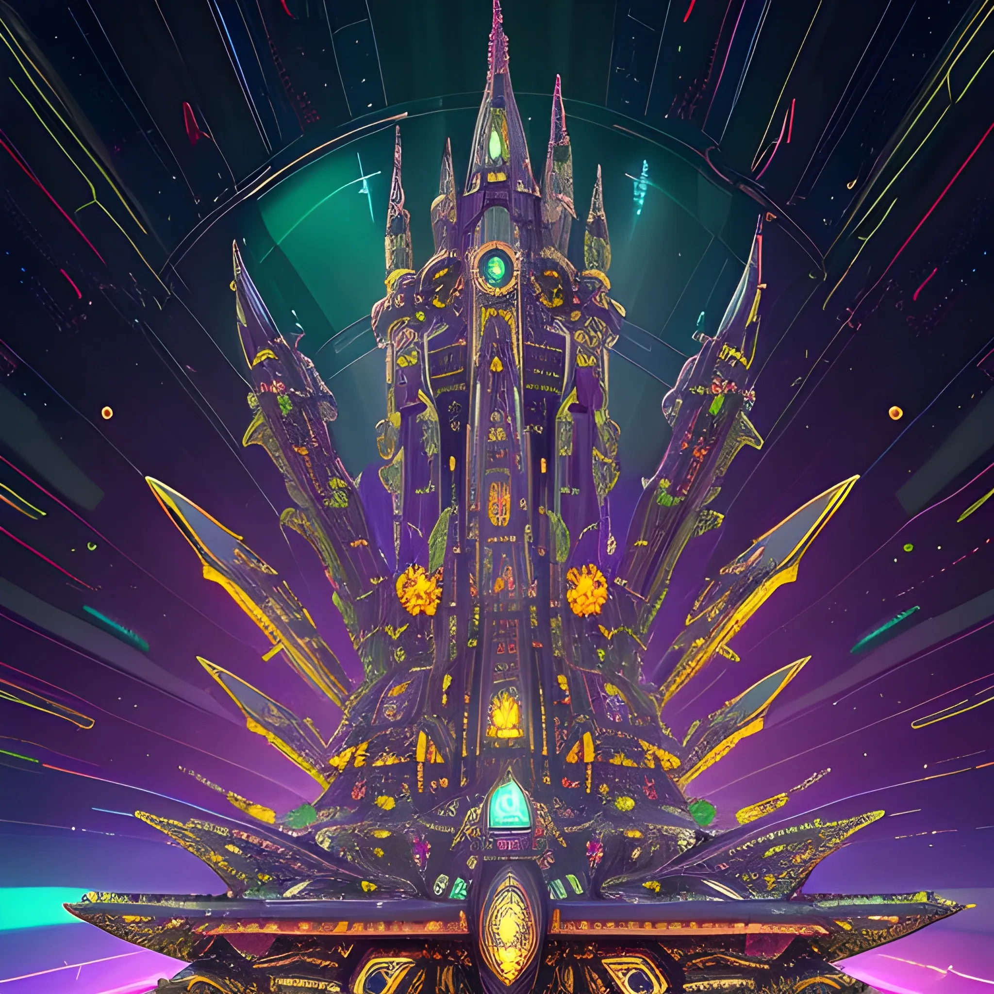 Alien starship with medieval castle-like turrets, anodized dark forest green metallic crimson red hull, gold matte finish, amidst a stars-filled night sky, within a 4D environment of vibrant colors, intricate mechanisms exposed, adorned with dark leather straps and metallic golden accents, sprawling dark gears and levers reminiscent of ancient machinery, accented with pixel-perfect ornate details, 750 UHD resolution rendered in matte and gloss finishes reflecting luminescent diamond, infinity-exposed with mysterious auras rising from the nacelles that gleam softly in varied colors that appear rare and unrivaled, having battle zeppelin origins., 3D, Trippy