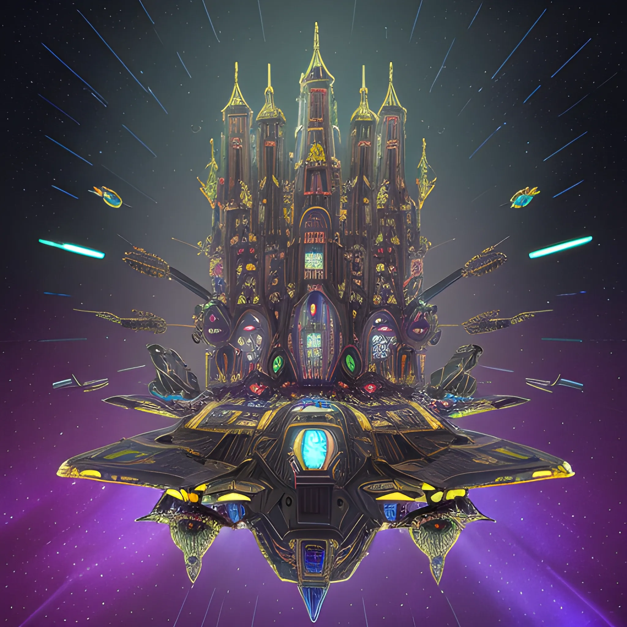 Alien starship with medieval castle-like turrets, anodized dark forest green metallic crimson red hull, gold matte finish, amidst a stars-filled night sky, within a 4D environment of vibrant colors, intricate mechanisms exposed, adorned with dark leather straps and metallic golden accents, sprawling dark gears and levers reminiscent of ancient machinery, accented with pixel-perfect ornate details, 750 UHD resolution rendered in matte and gloss finishes reflecting luminescent diamond, infinity-exposed with mysterious auras rising from the nacelles that gleam softly in varied colors that appear rare and unrivaled, having battle zeppelin origins., 3D, Trippy, Trippy, 3D