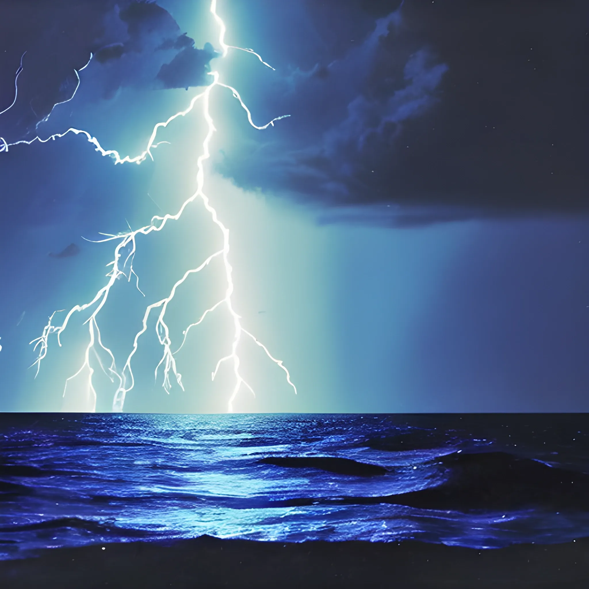 dark night in a blue deep ocean with many lightnings