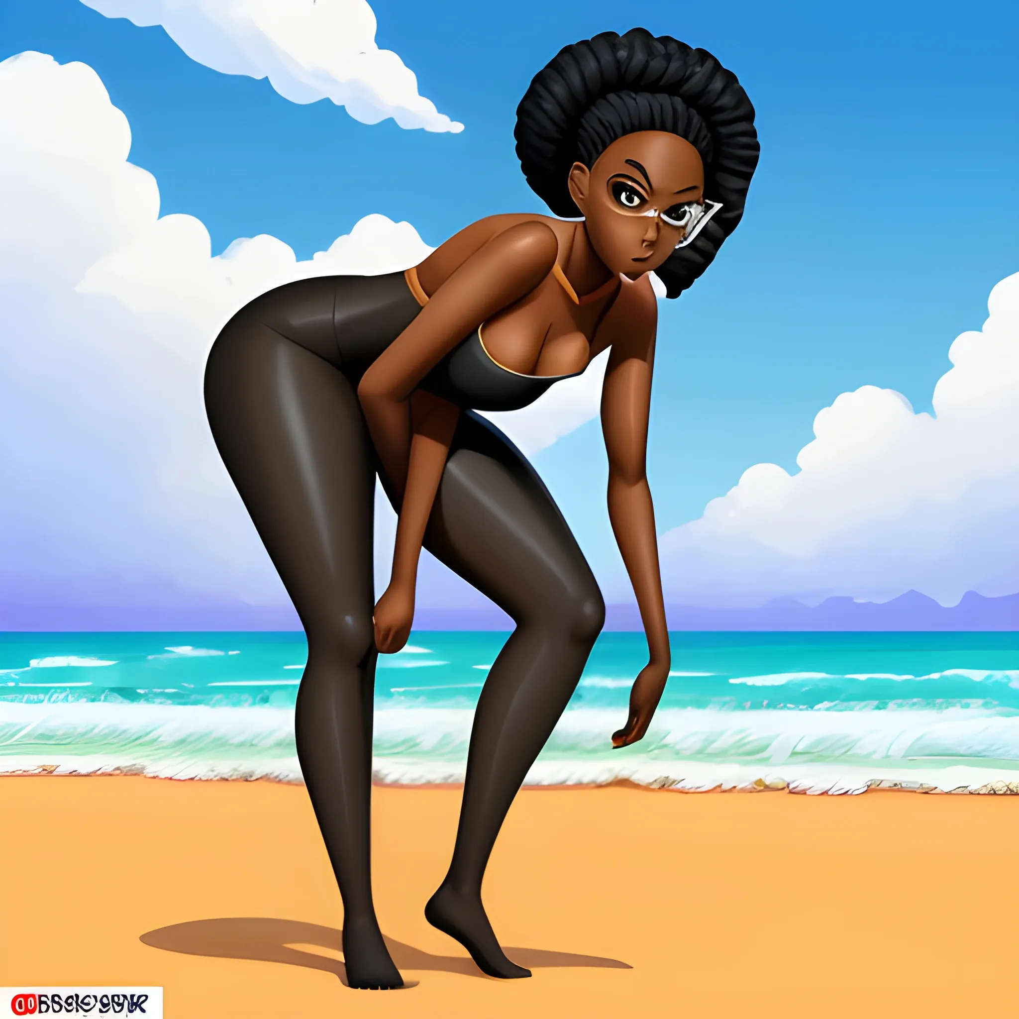 front view, realistic tall, sophisticated black woman on beach, in braids, Cartoon, bend over. background, Trippy