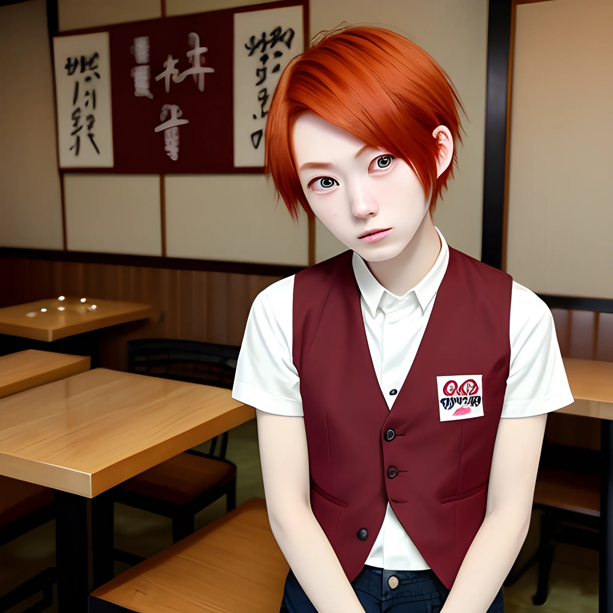 18 years old japanese country red hair short hair cool style riot clothes vest restaurant location with prestigious word
