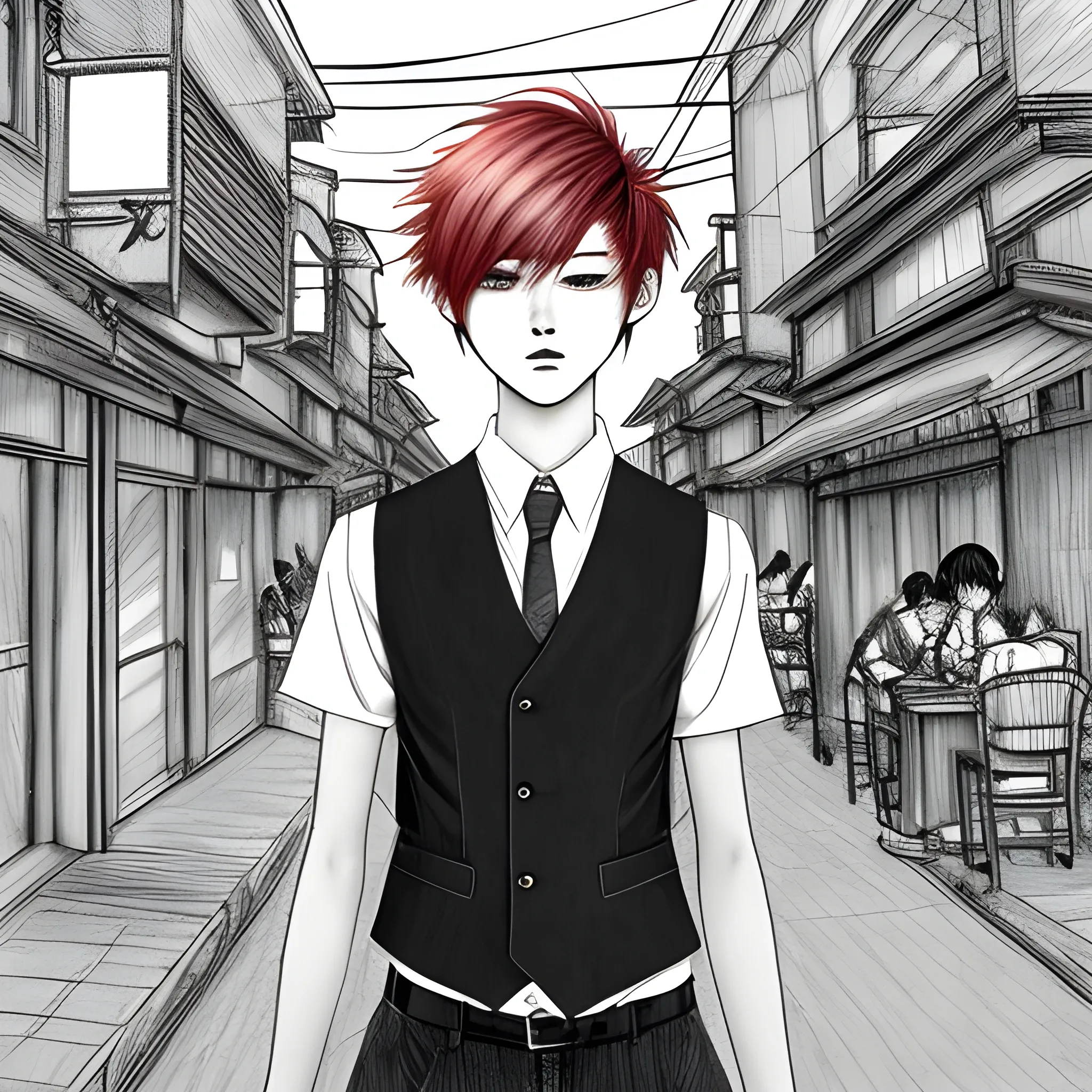 18 years old japanese country red hair short hair cool style riot clothes vest restaurant location with prestigious word
, Trippy, Pencil Sketch