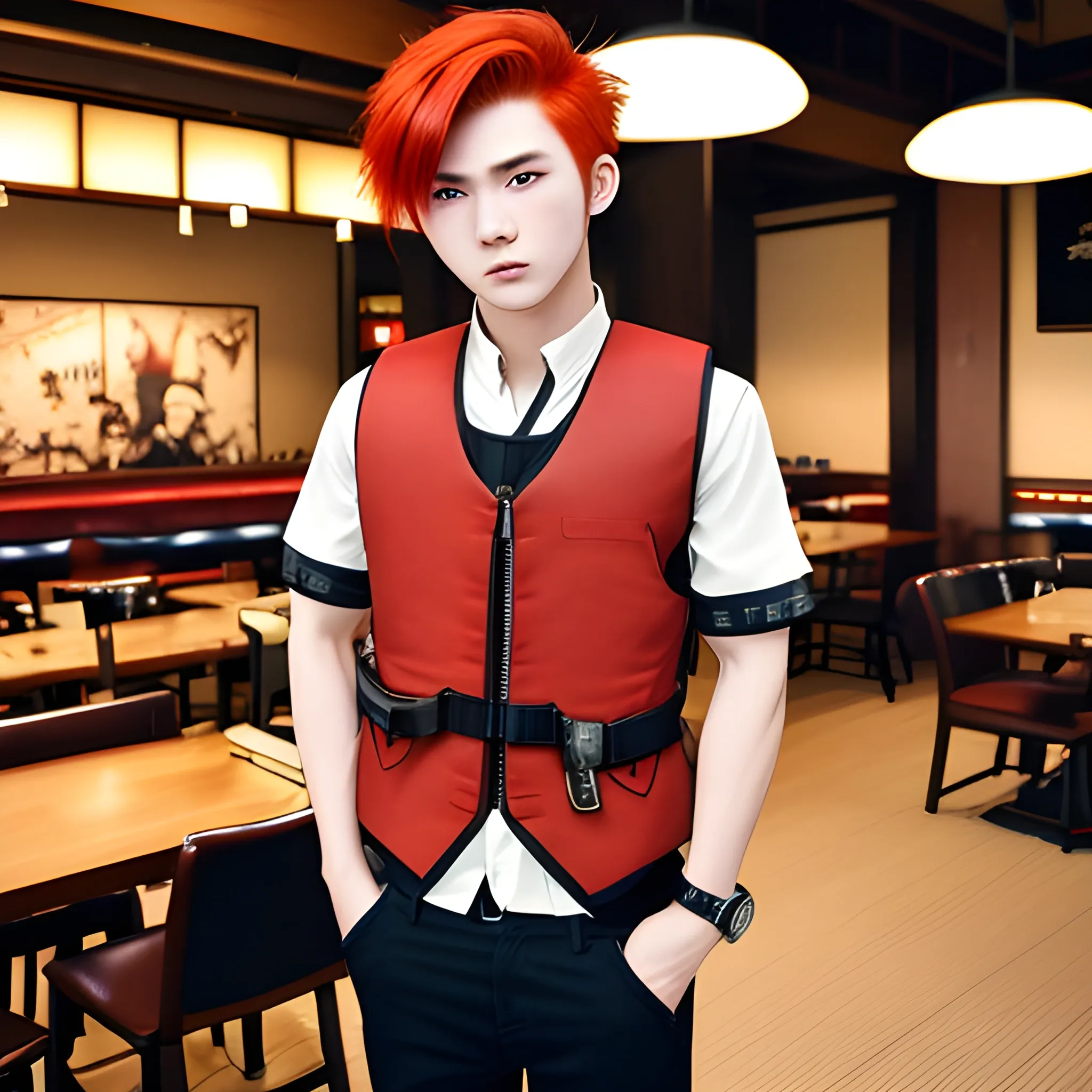 18 years old country Japan male muscle red hair short hair cool style clothing riot vest restaurant location with prestigious letter, Pencil Sketch, Pencil Sketch