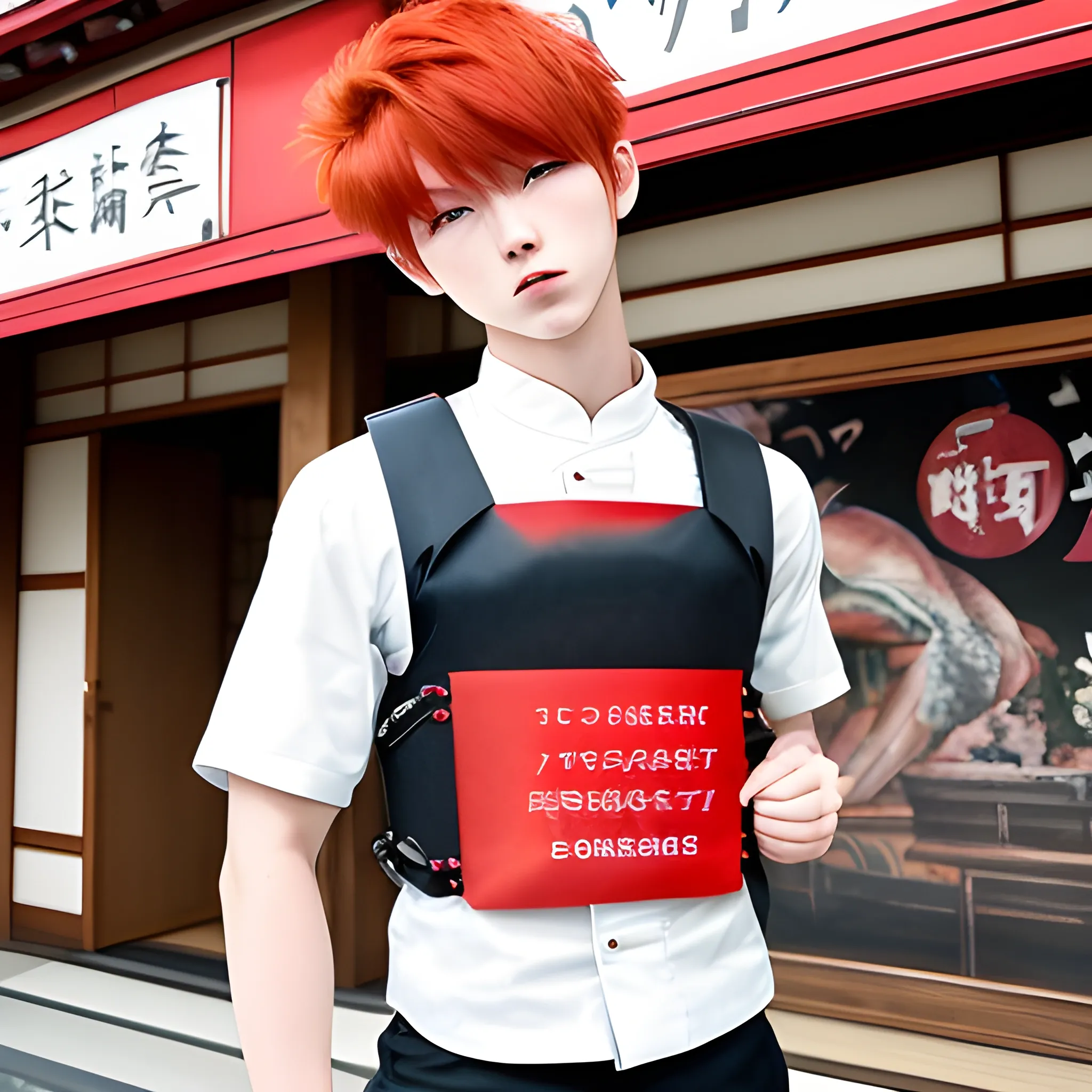 18 years old country Japan male muscle red hair short hair cool style clothing riot vest restaurant location with prestigious letter,, Water Color, Cartoon