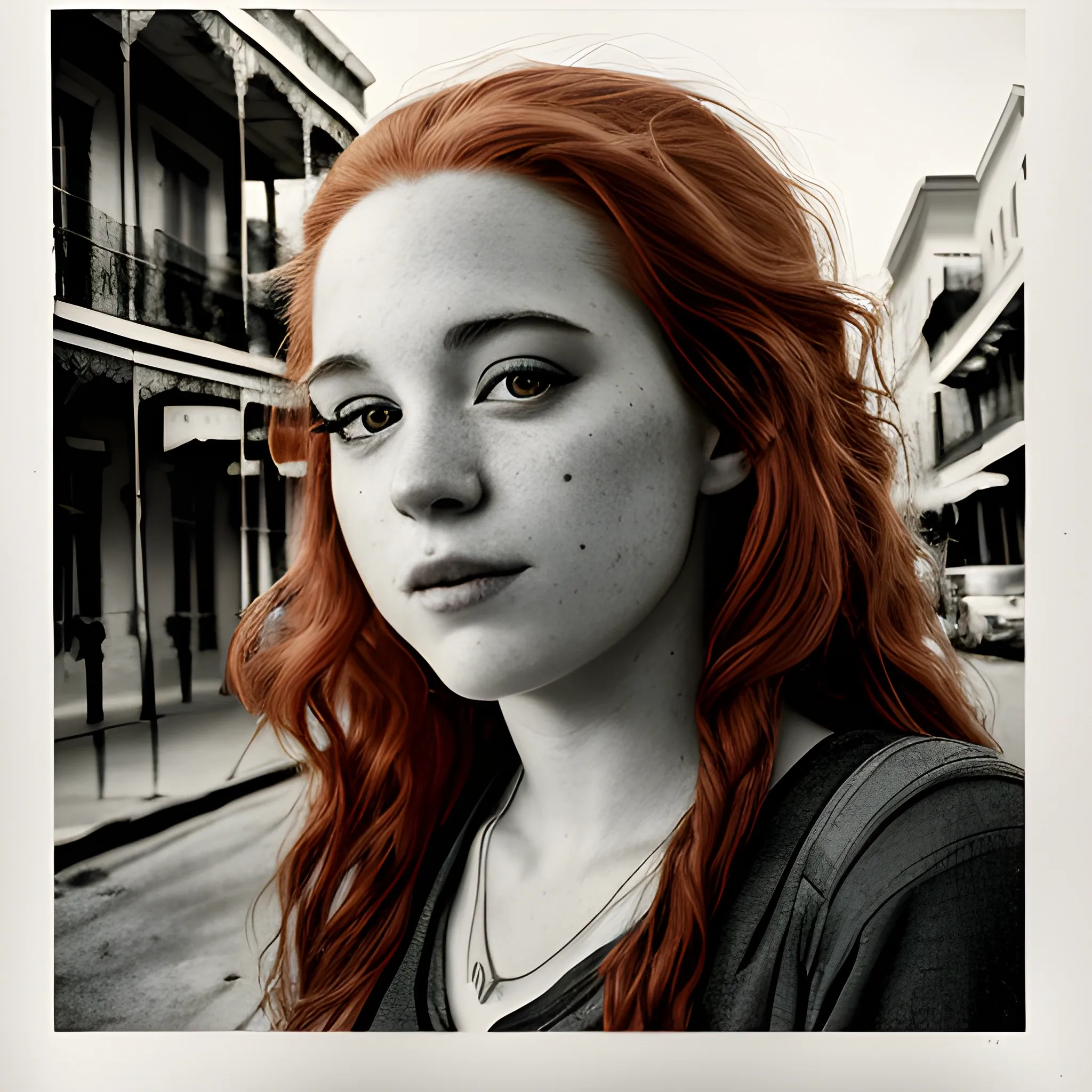 Cinematic, realistic, close-up, cinematic documentary of a 22-year-old woman with vibrant red hair and eyes the hue of twilight, embracing the lively spirit of New Orleans, Louisiana, the city’s music and history resonating with her adventurous heart, shot with a Canon EOS R, Pencil Sketch