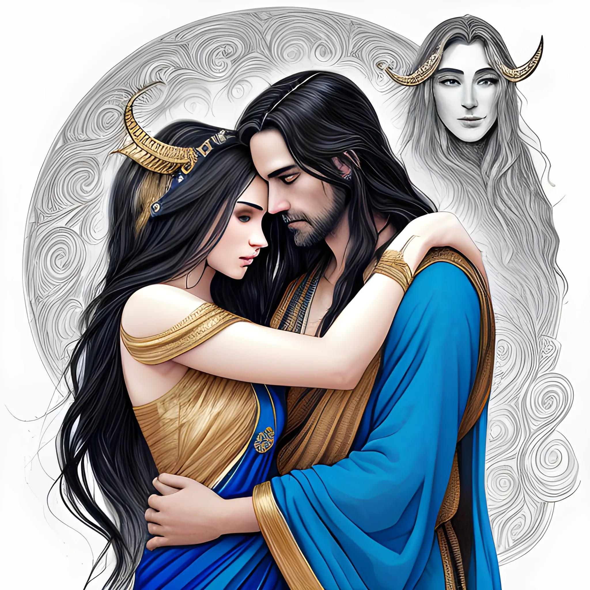 generate image of a digital illustration of a romantic scene between a man and a woman. The man is on the left side of the image, wearing a blue outfit with intricate designs and a horned headdress. He has long dark hair and is holding the woman in his arms. The woman is wearing a long, flowing dress with a golden sari draped over her shoulders. She has long, dark hair that is flowing in the wind. The background is a dark, cloudy sky with a full moon in the top right corner. The overall mood of the illustration is mystical and mystical., Pencil Sketch