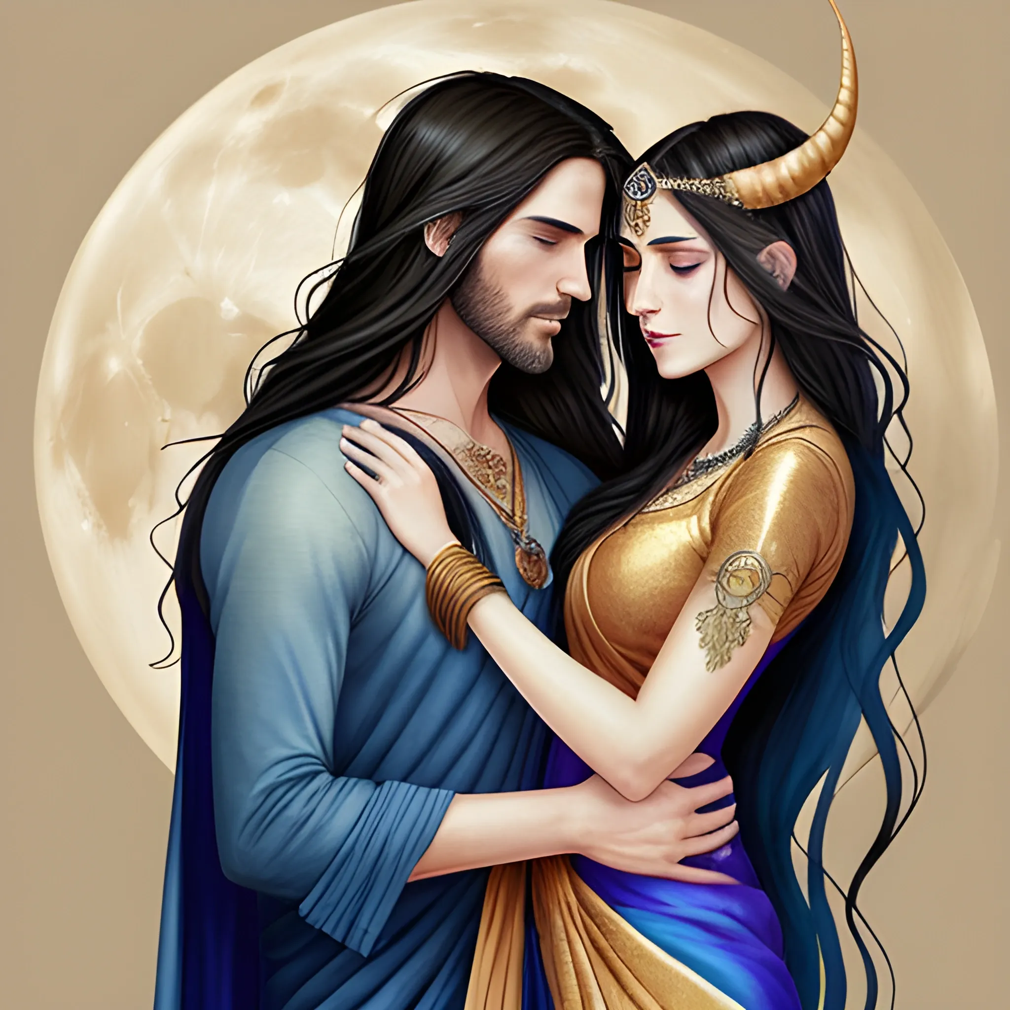 generate image of a digital illustration of a romantic scene between a man and a woman. The man is on the left side of the image, wearing a blue outfit with intricate designs and a horned headdress. He has long dark hair and is holding the woman in his arms. The woman is wearing a long, flowing dress with a golden sari draped over her shoulders. She has long, dark hair that is flowing in the wind. The background is a dark, cloudy sky with a full moon in the top right corner. The overall mood of the illustration is mystical and mystical., Water Color