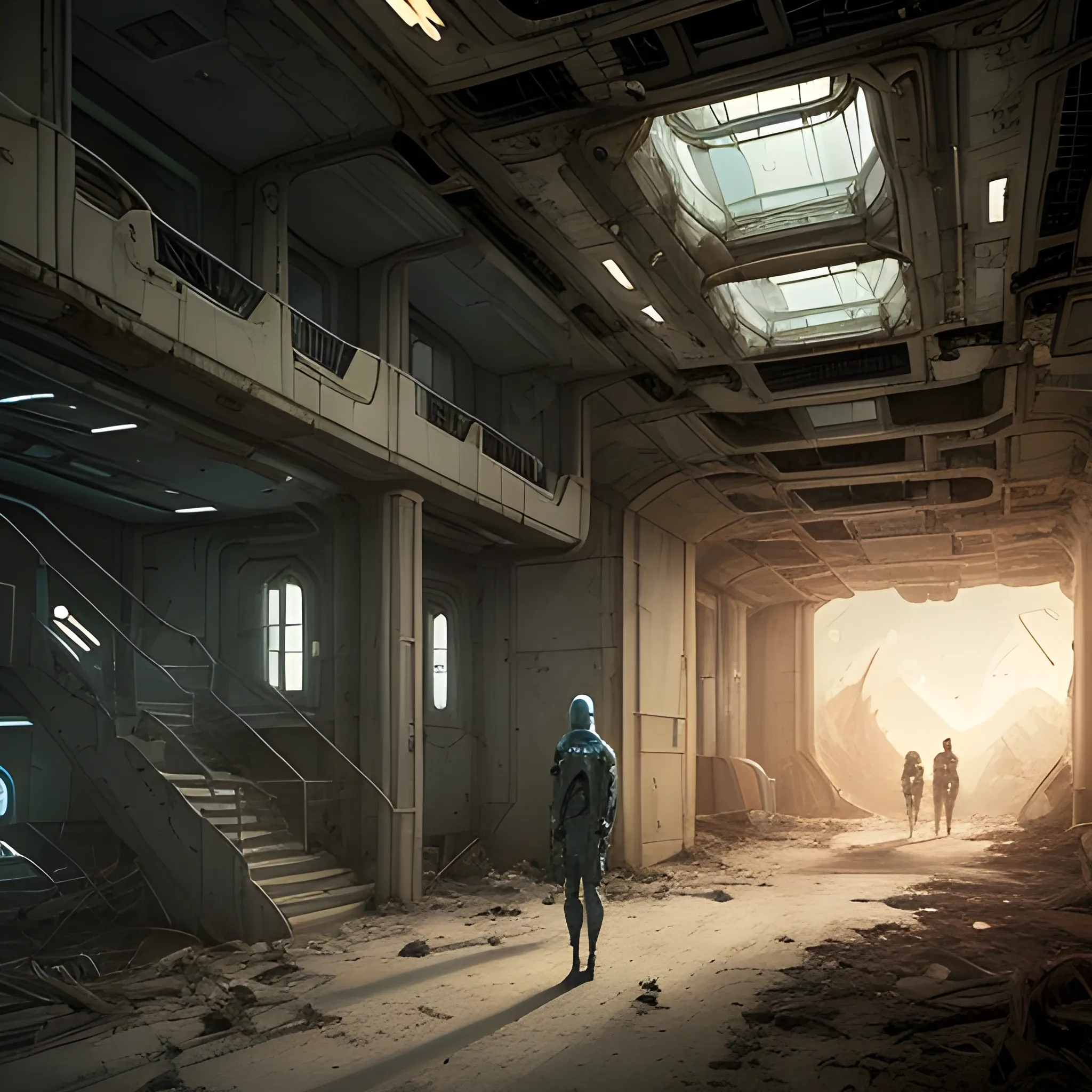 a continuous image for a sci-fi book cover that spans both the front and back. The scene should convey a sense of mystery, isolation, and survival. On the right side of the image, representing the front cover, depict a lone colonist inside a massive, abandoned spaceship in disrepair. The colonist, dressed in a futuristic cryosuit, stands in a dimly lit corridor with flickering lights, showing signs of damage and neglect. The colonist’s expression should convey confusion, determination, and the will to survive, with various pieces of futuristic equipment and survival gear scattered around.
As the image transitions to the left side, representing the back cover, the corridor opens up to a large viewing window. Through this window, the planet intended for colonization is visible, hanging in space with a haunting beauty. The planet should appear both inviting and mysterious, with its surface details clear and captivating.
The entire scene should be a seamless and continuous image, maintaining a cohesive and balanced design, with a dark, atmospheric color palette to emphasize the themes of mystery and survival.