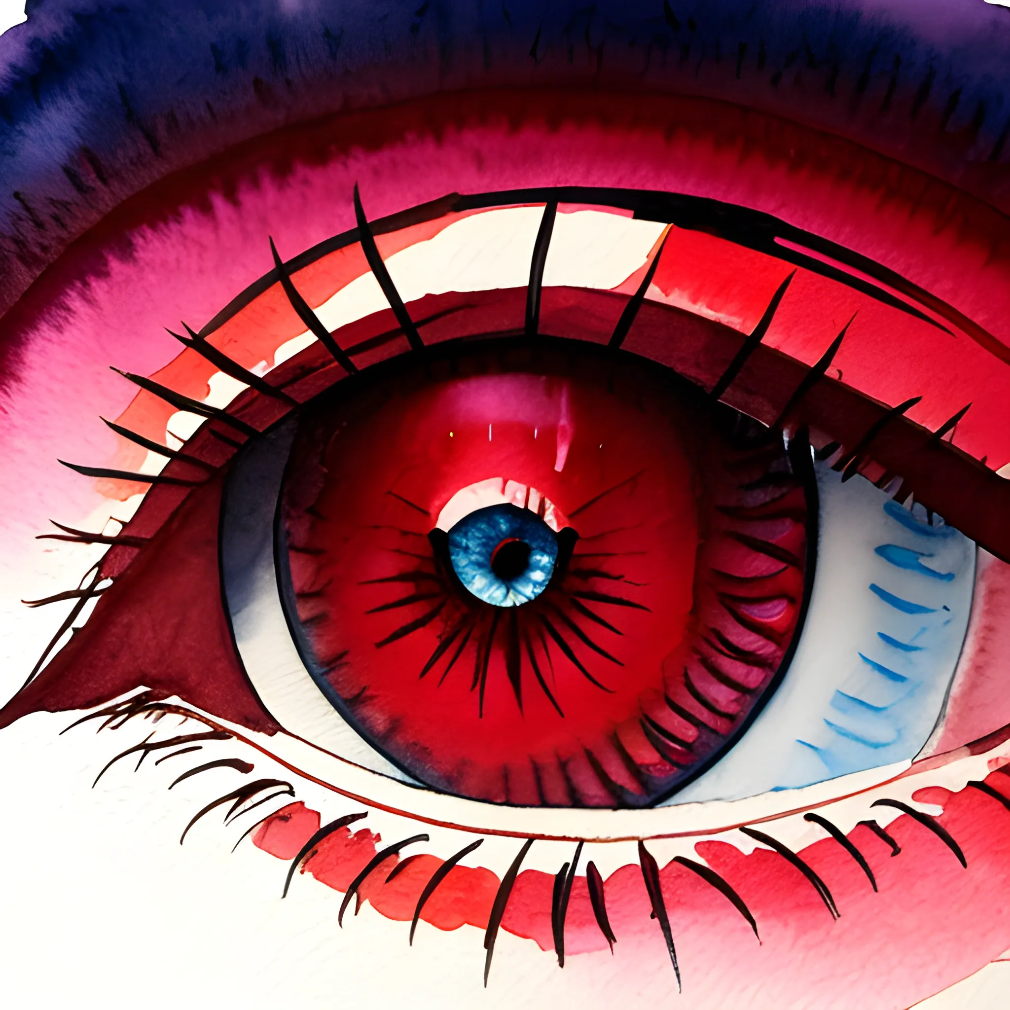 water color painting, manga panel of a close-up eye, intense, against a dark red background,