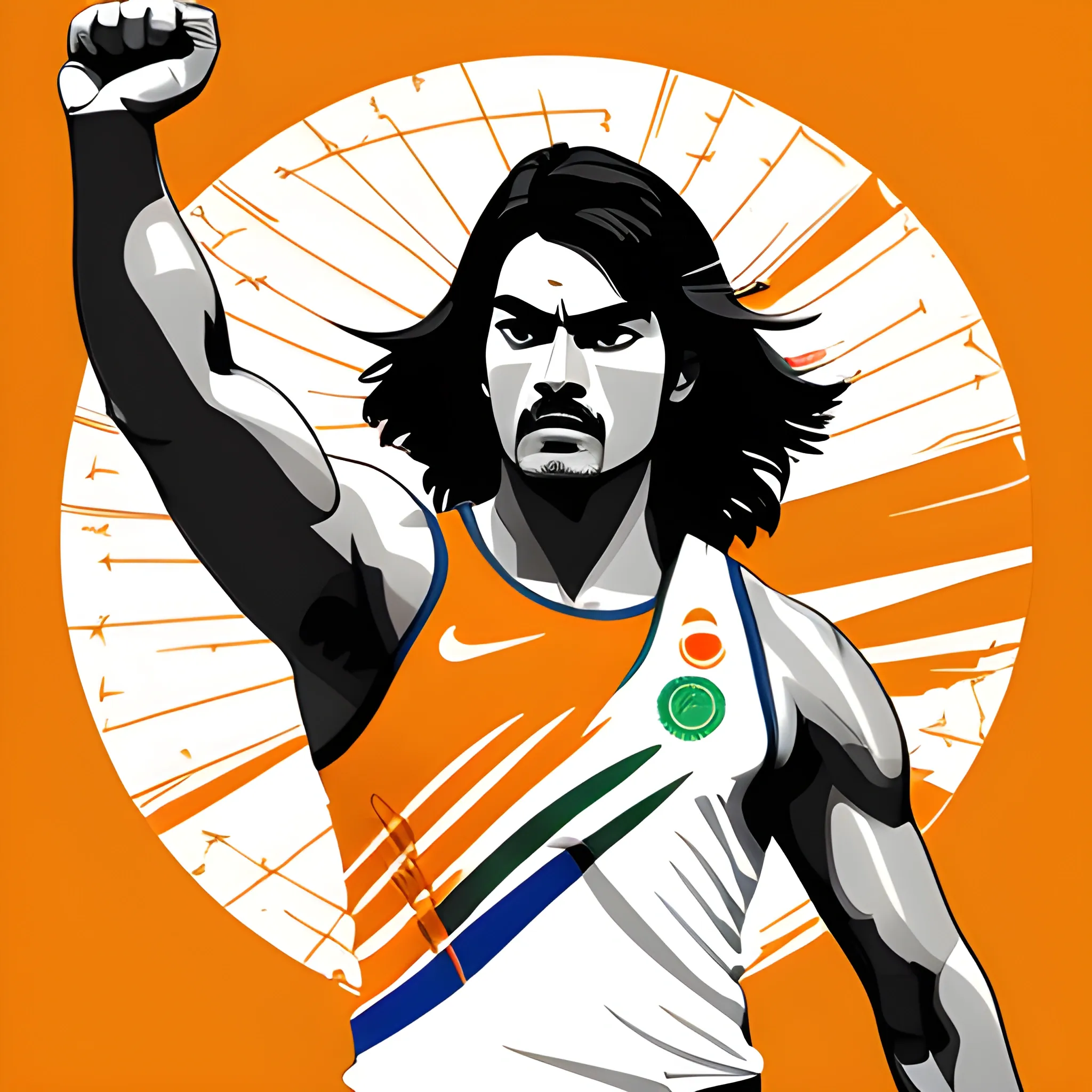 Vector art, Minimalist ink art, Neeraj Chopra, Javelin Throw Athletics, in athletic sportswear, "INDIA" emblazoned across backdrop infused with tricolor palette representative of Indian flag, "Thala" icons scattered, suggesting exclusive olympic-themed event or incentives, ultra detailed, cinematic.