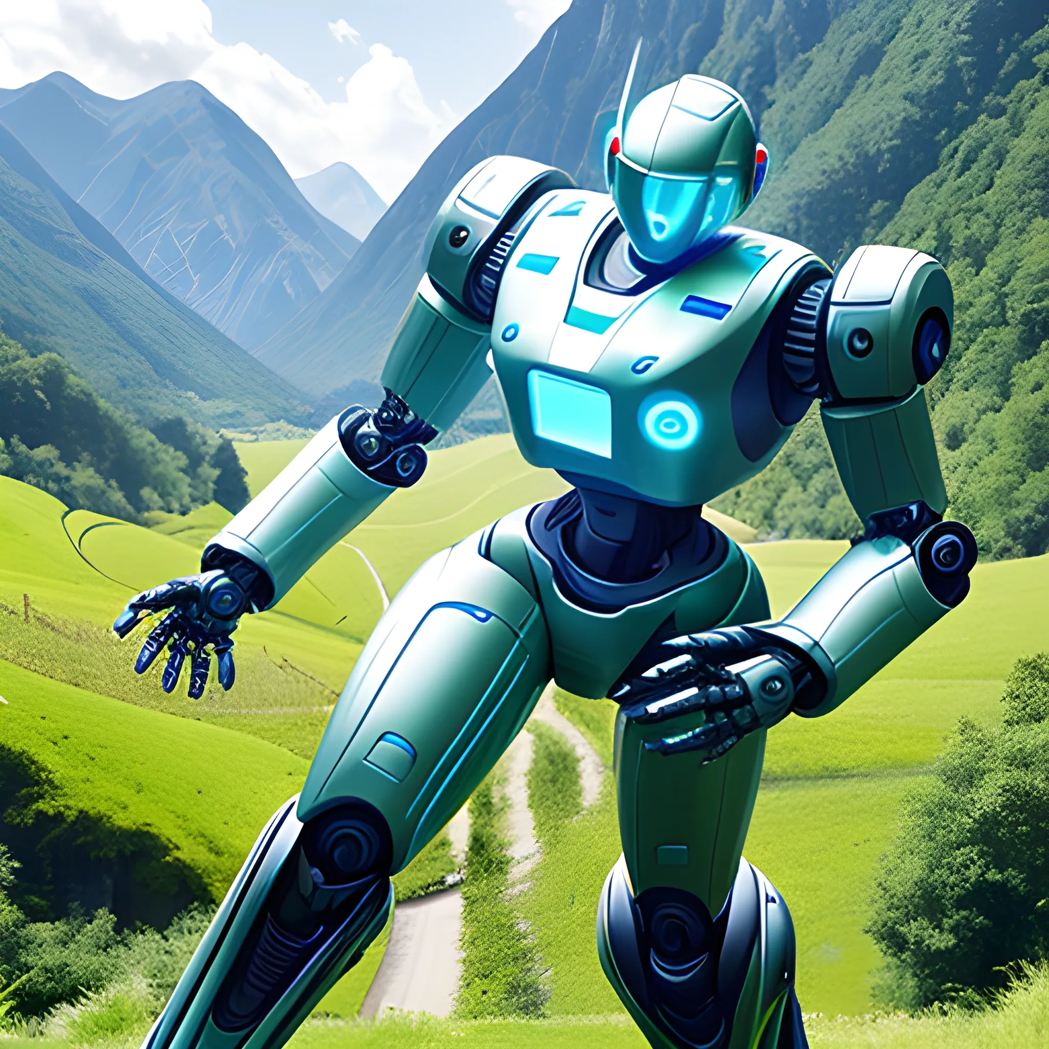 A futuristic robot running at high speed through a beautiful valley, surrounded by lush green hills and a clear blue sky. The robot has a sleek metallic design with glowing accents, showcasing dynamic motion against the natural scenery.