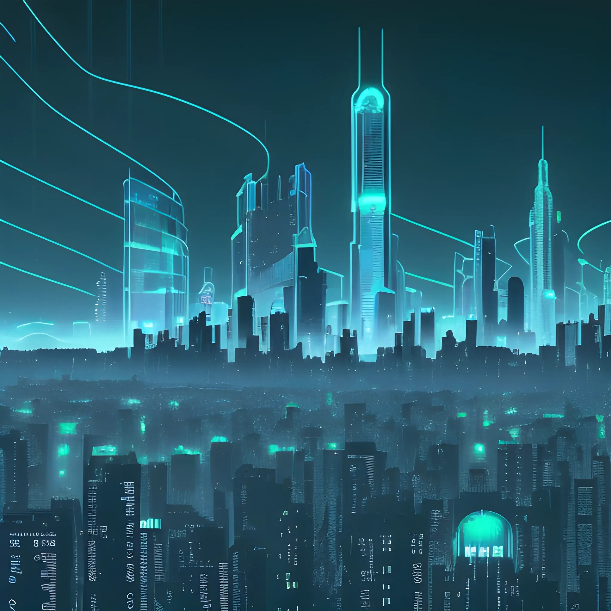 A futuristic, neon-lit cityscape unfolds from the intricate, swirling patterns of a cryptocurrency transactions graph. Towering skyscrapers rise from the grid, their peaks disappearing into a haze of 1s and 0s. The air is electric with the hum of circuit boards and the whispers of encrypted messages