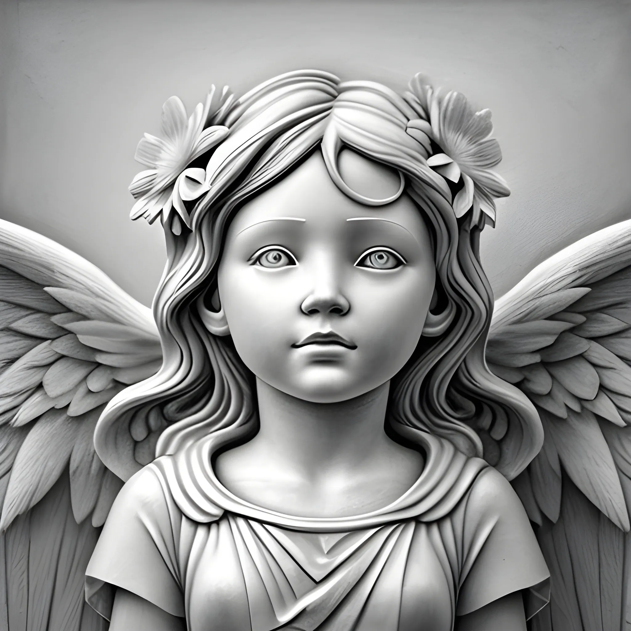 ANGEL WITH FLOWERS GRAYSCALE , 8K, REALISTIC, BASS RELIEF, Pencil Sketch