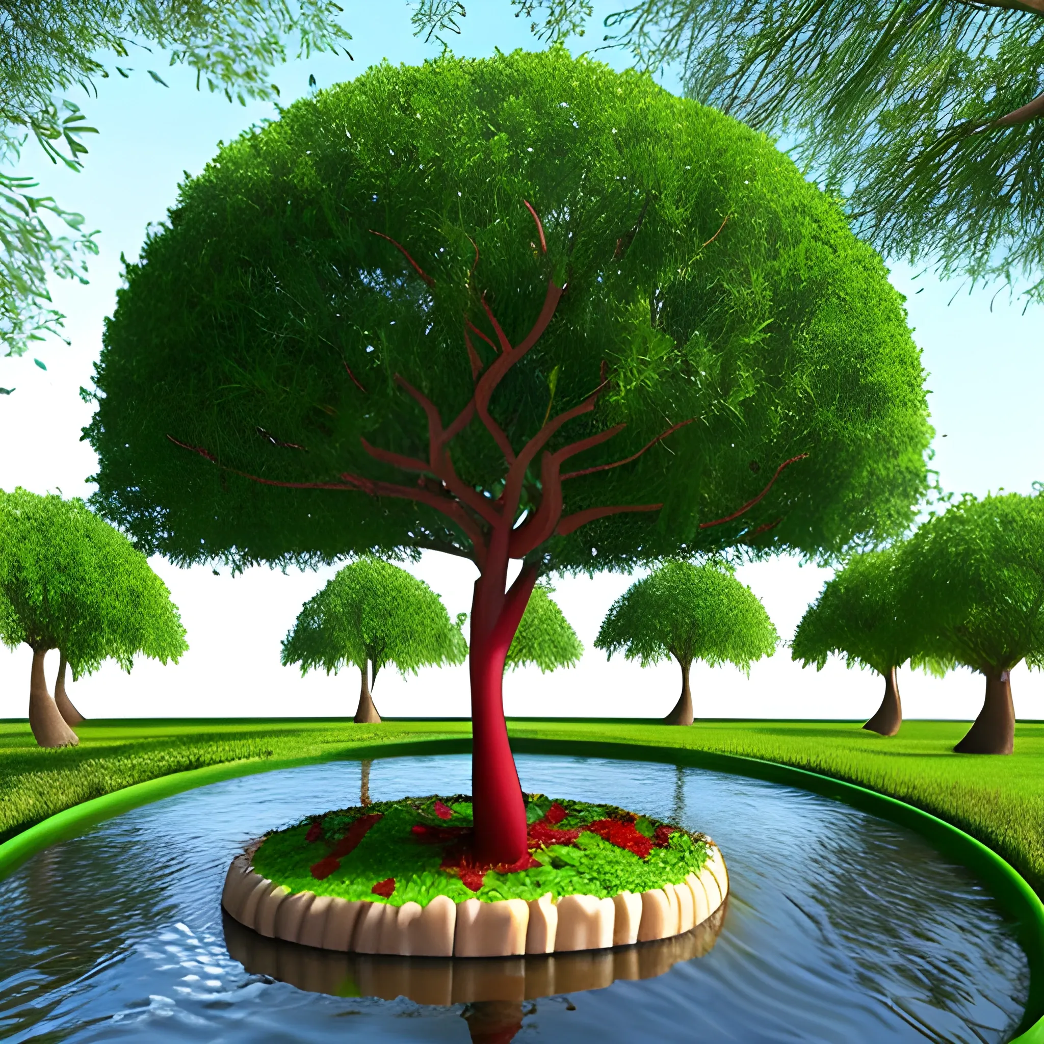 Árbol plantado con sus raíces en corrientes de aguas de un río,﻿ 
dando frutos rojos, 
con hojas verdes, 3D