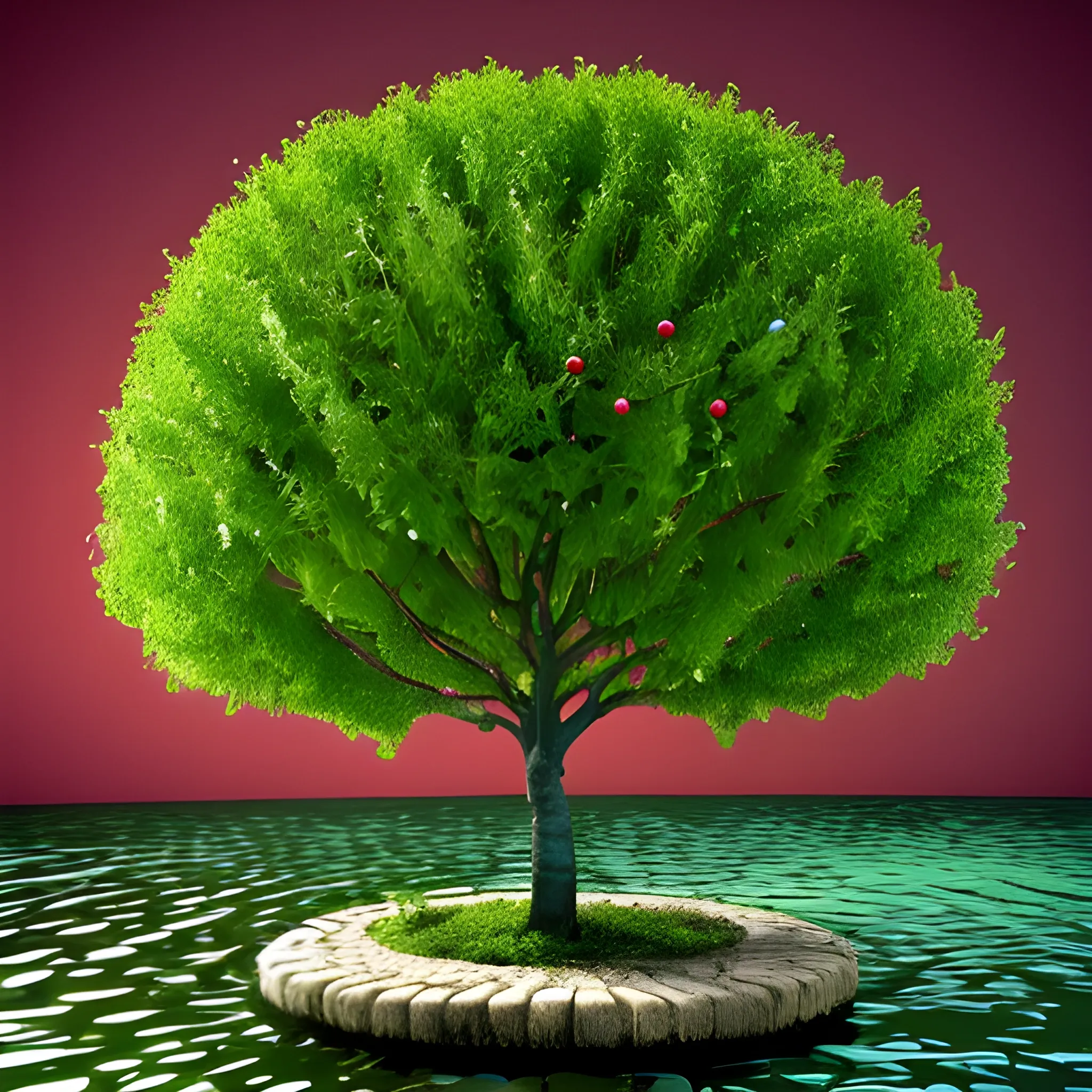 Árbol de manzano plantado, junto a un río, con sus raíces en corrientes de aguas, dando frutos rojos, con hojas verdes, stilo realista, 3D