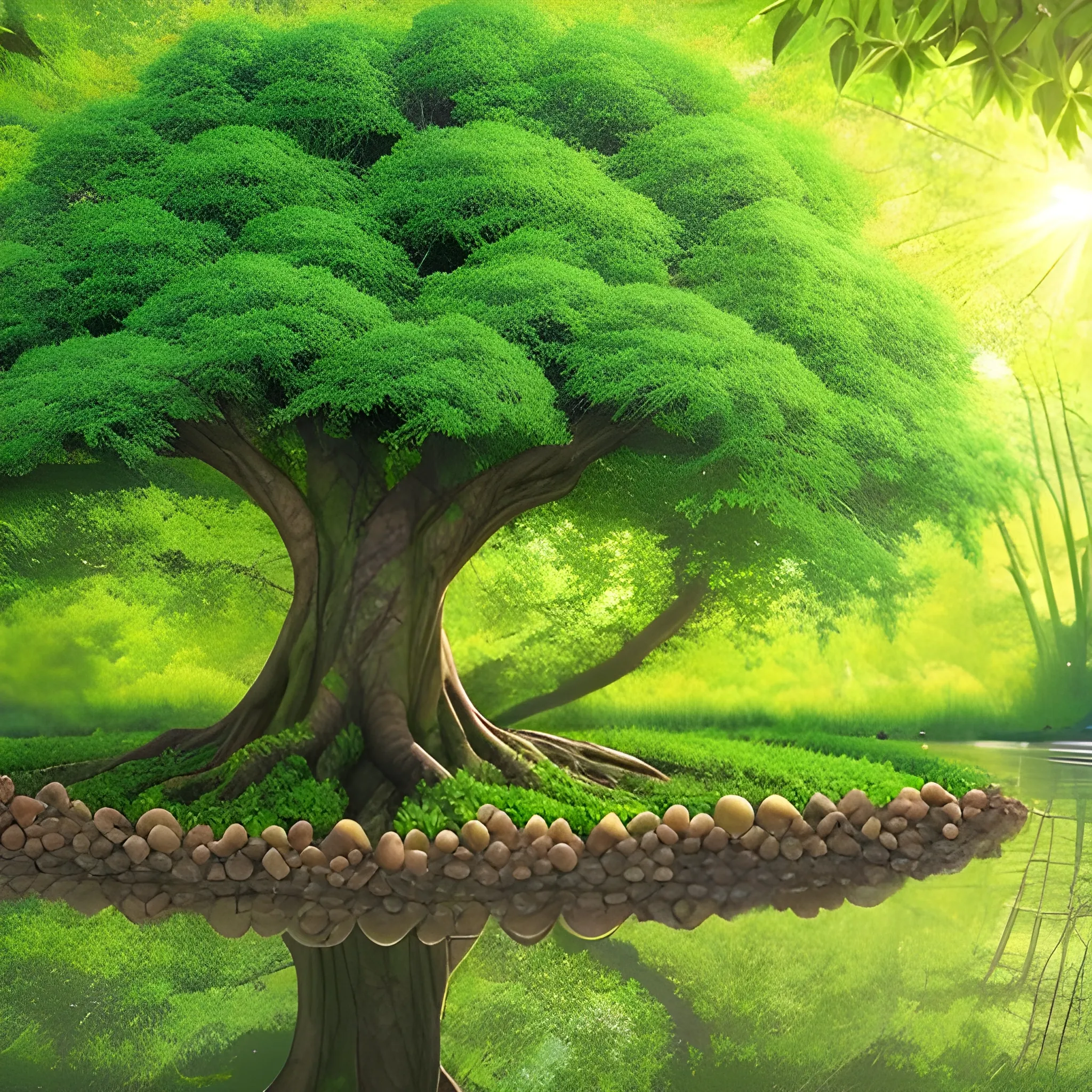 A flourishing tree planted by a stream of water, with lush green leaves and vibrant branches. The tree is large and healthy, with deep roots spreading into the fertile soil. The stream gently flows nearby, reflecting the sunlight. The scene is peaceful, with soft rays of light filtering through the leaves, and the surrounding area is filled with rich vegetation, symbolizing growth and prosperity. The tree stands strong, representing stability and life, with fruits visible, symbolizing abundance and continuous nourishment.

