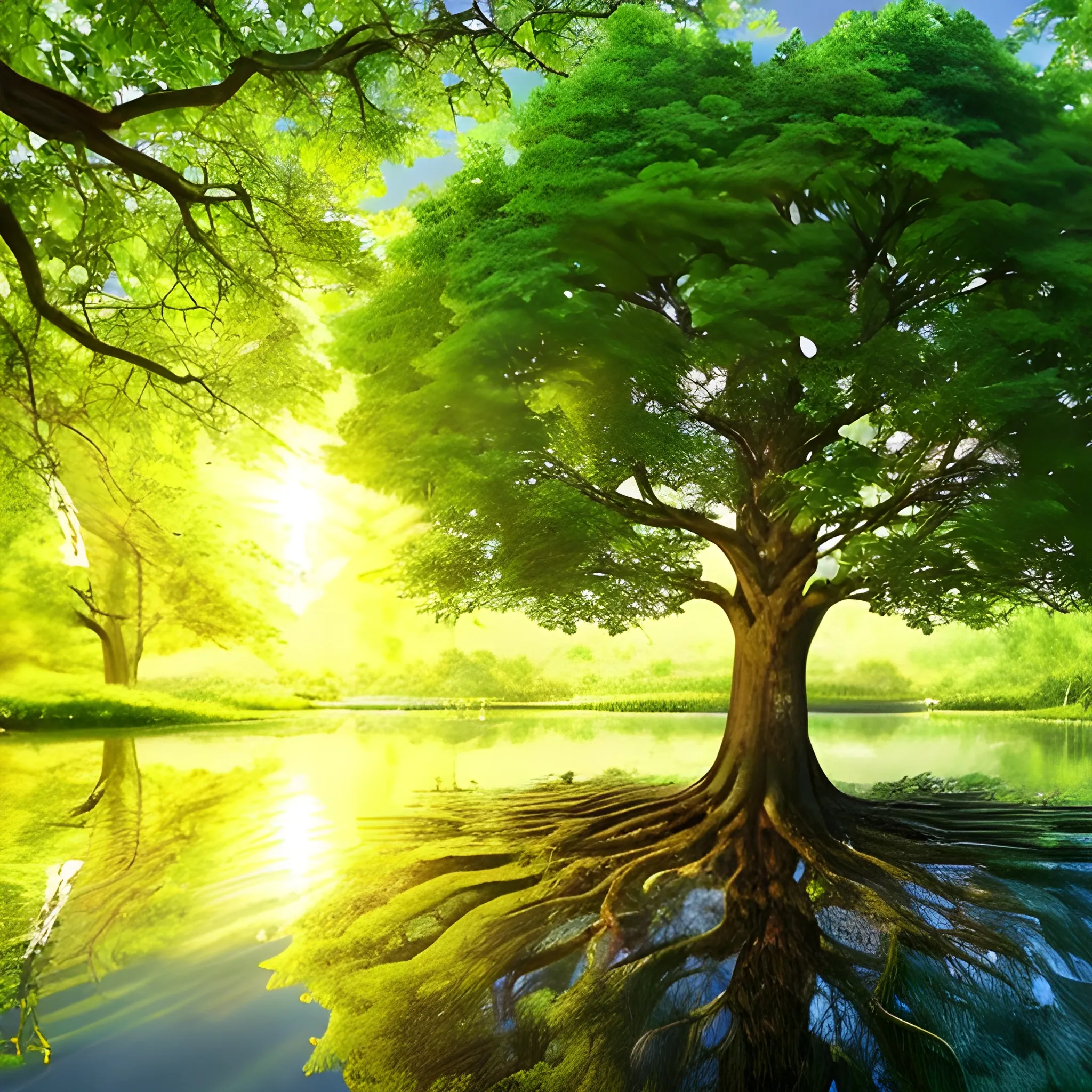 A flourishing tree planted by a stream of water, with lush green leaves and vibrant branches. The tree is large and healthy, with deep roots spreading into the fertile soil. The stream gently flows nearby, reflecting the sunlight. The scene is peaceful, with soft rays of light filtering through the leaves, and the surrounding area is filled with rich vegetation, symbolizing growth and prosperity. The tree stands strong, representing stability and life, with fruits visible, symbolizing abundance and continuous nourishment.

