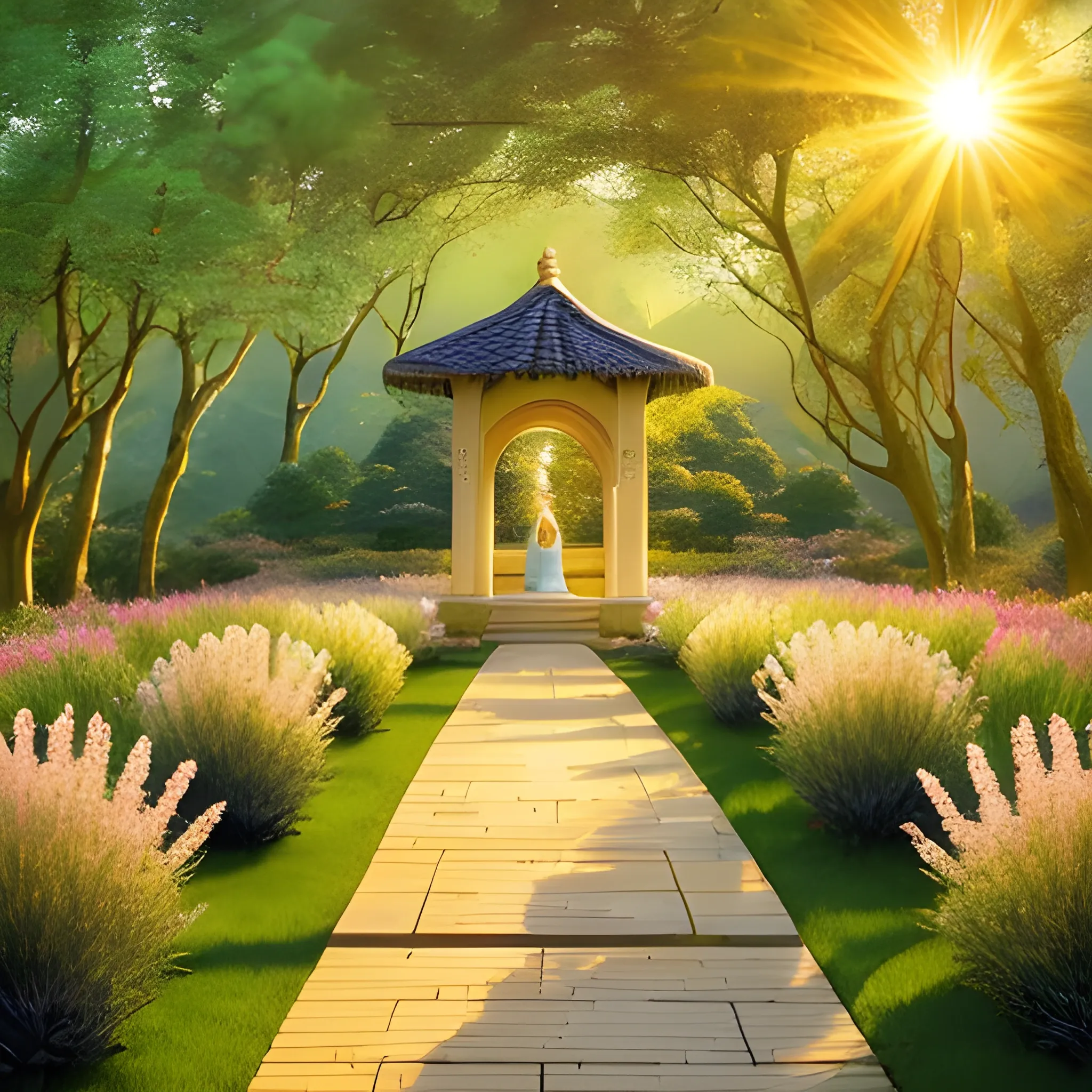 A serene, glowing path bathed in warm, golden light, symbolizing the path of the righteous. Along the path, a soft, ethereal figure representing God watches over, radiating a gentle, divine presence. The path is lined with flourishing trees and vibrant flowers, and it winds peacefully through a lush, green landscape. The light on the path is bright and clear, leading forward with purpose. Above, the sky is clear and vast, with soft rays of sunlight streaming down, symbolizing divine guidance. The atmosphere is one of peace, protection, and divine favor, with the presence of God subtly watching over every step of the righteous travelers.