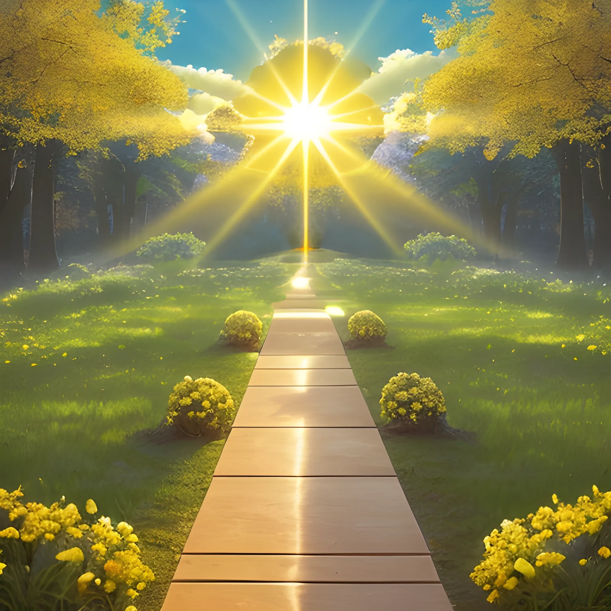 A serene, glowing path bathed in warm, golden light, symbolizing the path of the righteous. Along the path, a soft, ethereal figure representing God watches over, radiating a gentle, divine presence. The path is lined with flourishing trees and vibrant flowers, and it winds peacefully through a lush, green landscape. The light on the path is bright and clear, leading forward with purpose. Above, the sky is clear and vast, with soft rays of sunlight streaming down, symbolizing divine guidance. The atmosphere is one of peace, protection, and divine favor, with the presence of God subtly watching over every step of the righteous travelers.