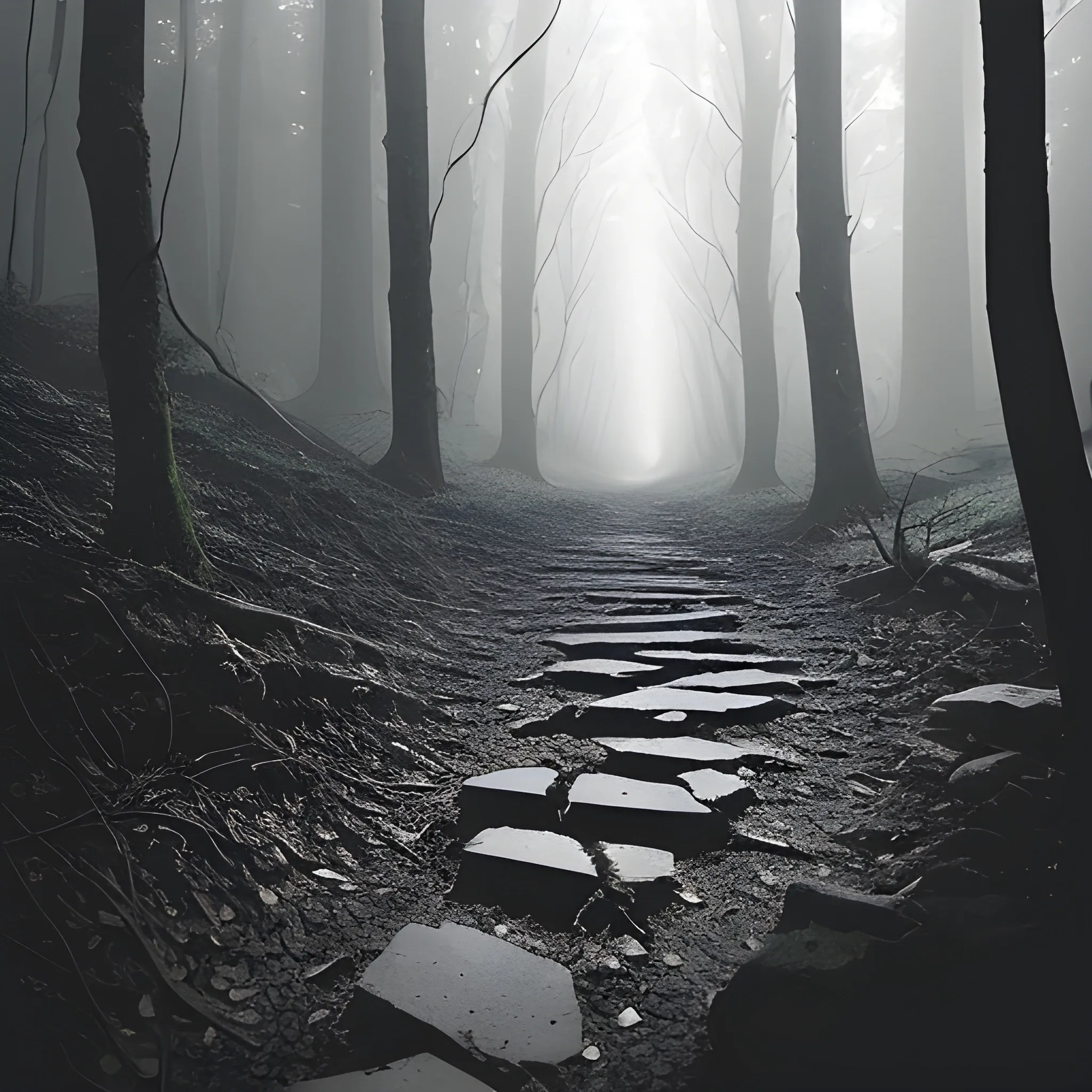 A forked path in a dense, dark forest, with one path appearing straight and easy to follow, yet leading to a steep, dangerous cliff hidden in shadows. The other path is narrower, winding, and slightly obscured by undergrowth, but it leads toward a distant light, symbolizing wisdom and true guidance. The straight path seems inviting, with smooth stones and an illusion of safety, but as it continues, it becomes more treacherous, with cracks in the ground and signs of decay. The atmosphere is tense, with a sense of foreboding on the seemingly right path, contrasting with the hope and light at the end of the narrow, less obvious way.