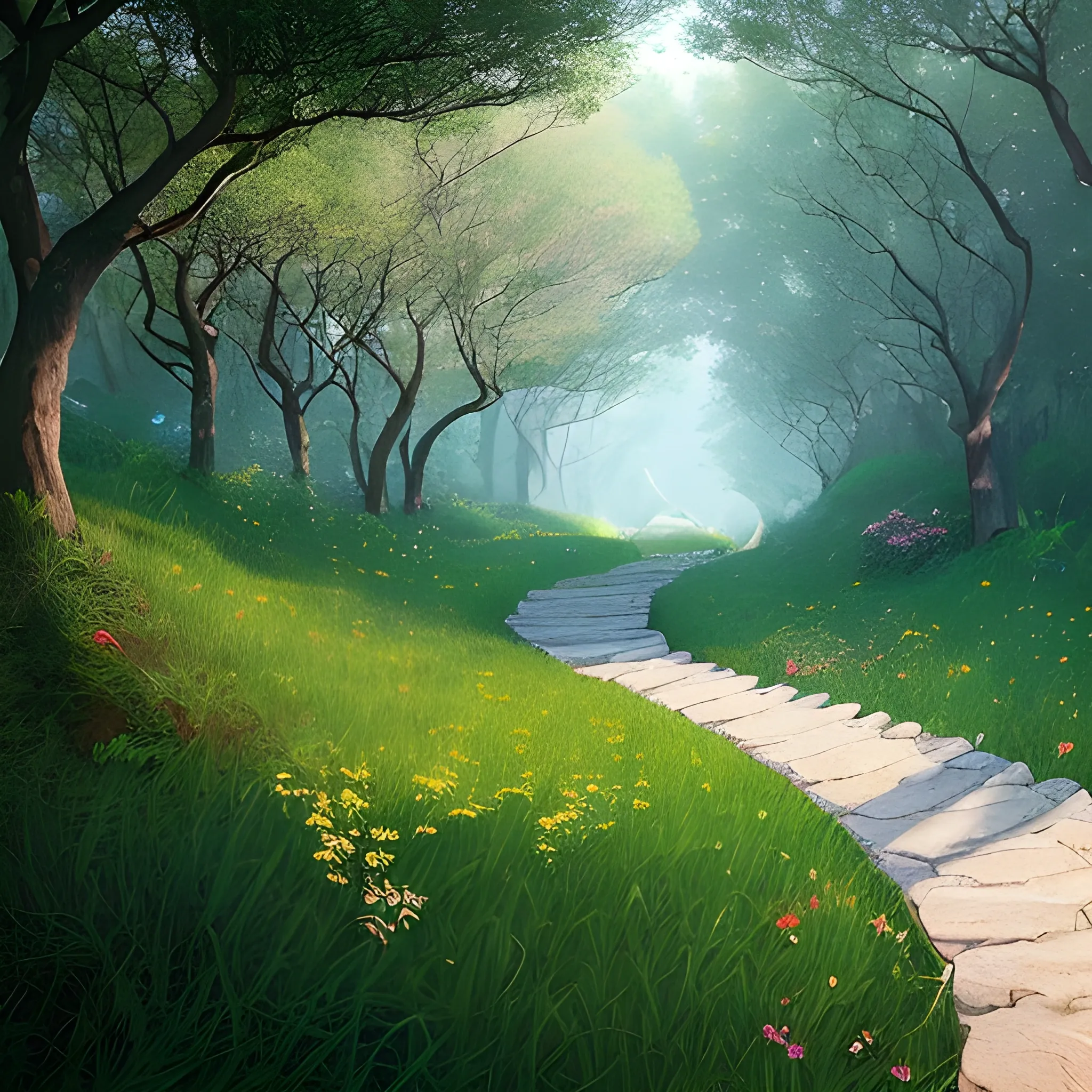 A path that rises gently toward a bright, serene horizon, symbolizing wisdom and life. The path is lined with blooming flowers and lush greenery, leading towards a warm, inviting light. In contrast, a lower, darkened path descends into shadowy, rough terrain, representing the way of folly and destruction. The scene emphasizes the contrast between the elevated path of understanding and the downward path of foolishness.