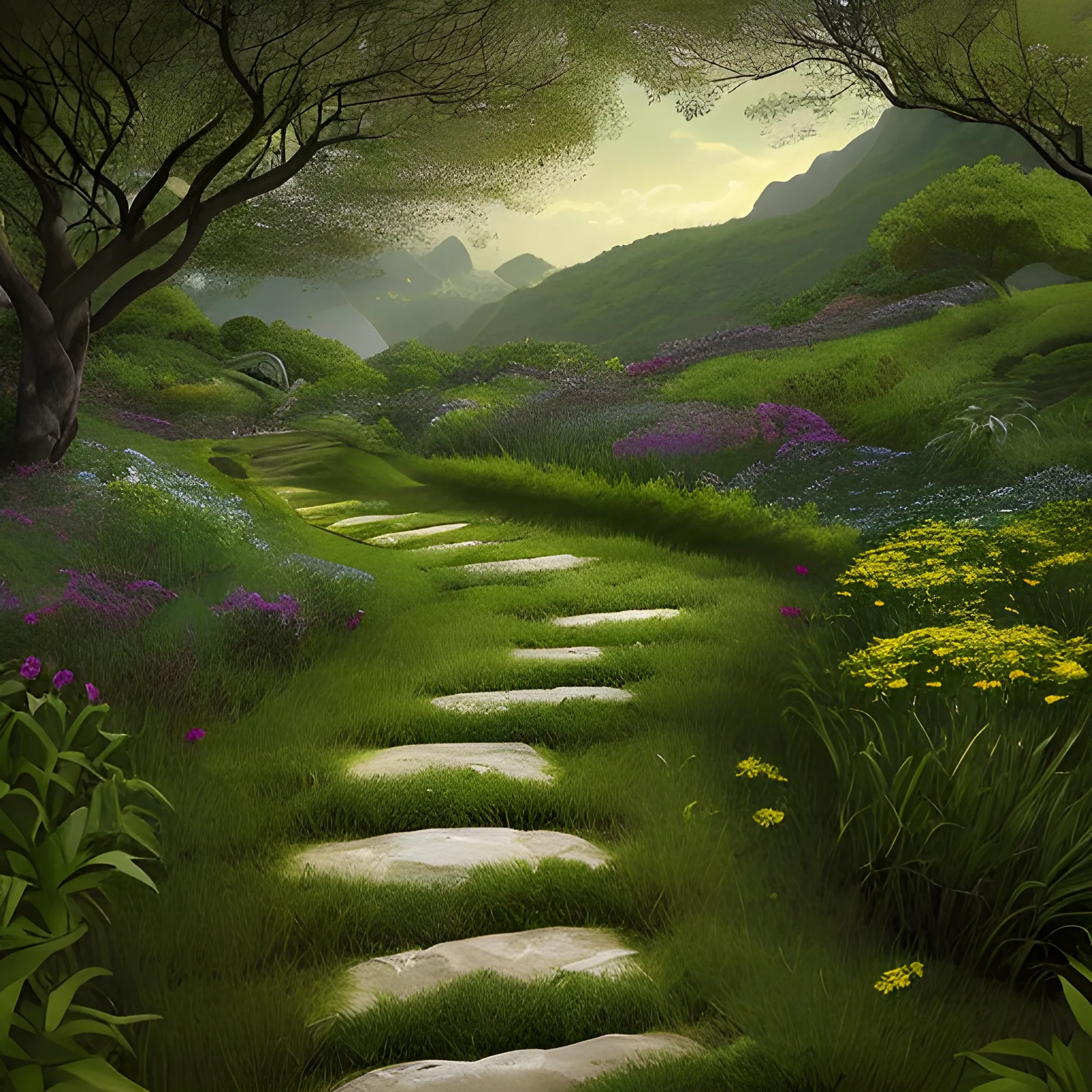 A path that rises gently toward a bright, serene horizon, symbolizing wisdom and life. The path is lined with blooming flowers and lush greenery, leading towards a warm, inviting light. In contrast, a lower, darkened path descends into shadowy, rough terrain, representing the way of folly and destruction. The scene emphasizes the contrast between the elevated path of understanding and the downward path of foolishness.