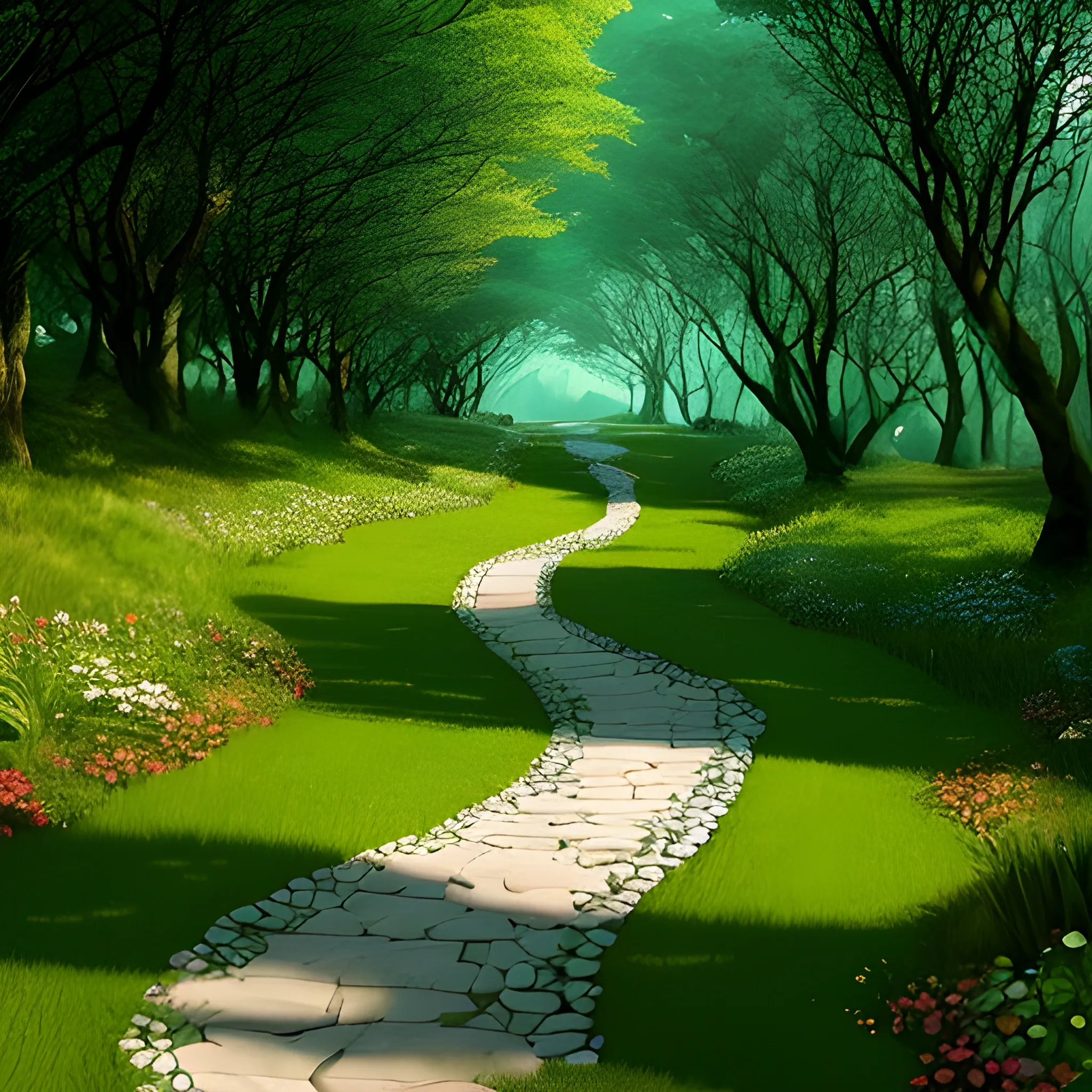 A path that rises gently toward a bright, serene horizon, symbolizing wisdom and life. The path is lined with blooming flowers and lush greenery, leading towards a warm, inviting light. In contrast, another path lower, darkened path descends into shadowy, rough terrain, representing the way of folly and destruction. The scene contrasts the elevated path of understanding and the downward path of foolishness.