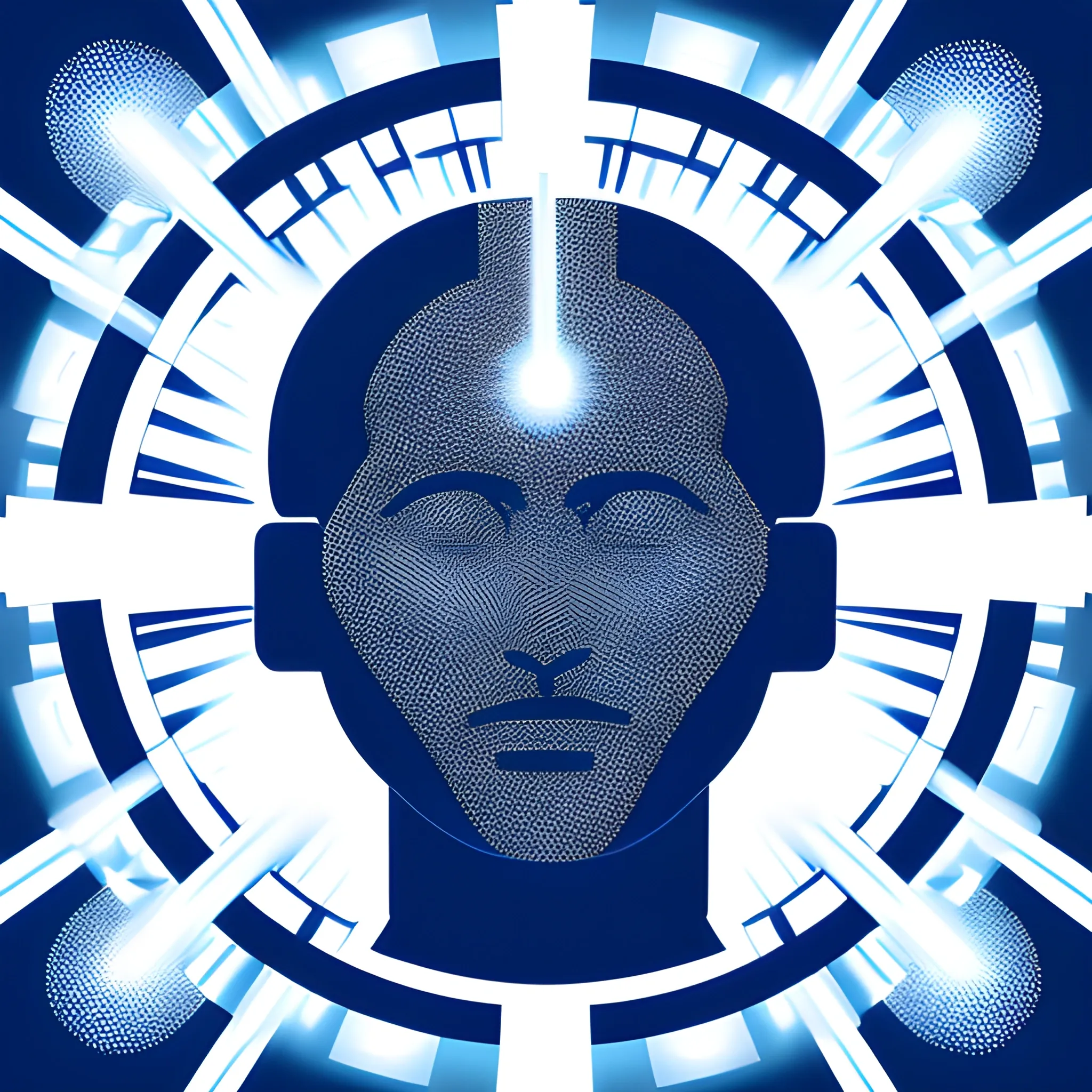 icon, blue and white, prominent human silhouette with the head in the center, radio waves emanating from the head
