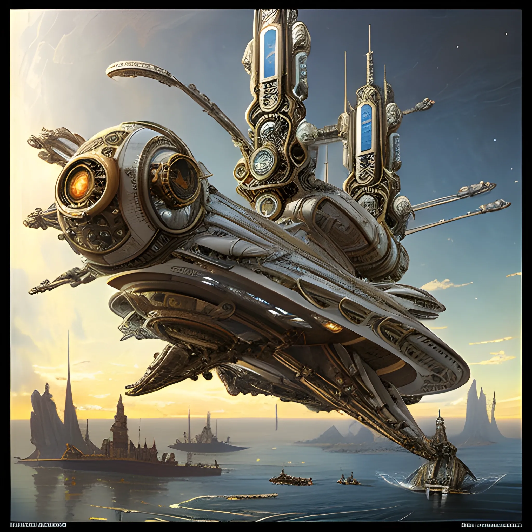 In this awe-inspiring blend of steampunk-inspired and futuristic elements, a unique starship takes center stage, designed by the genius imaginations of Norman Rockwell, 