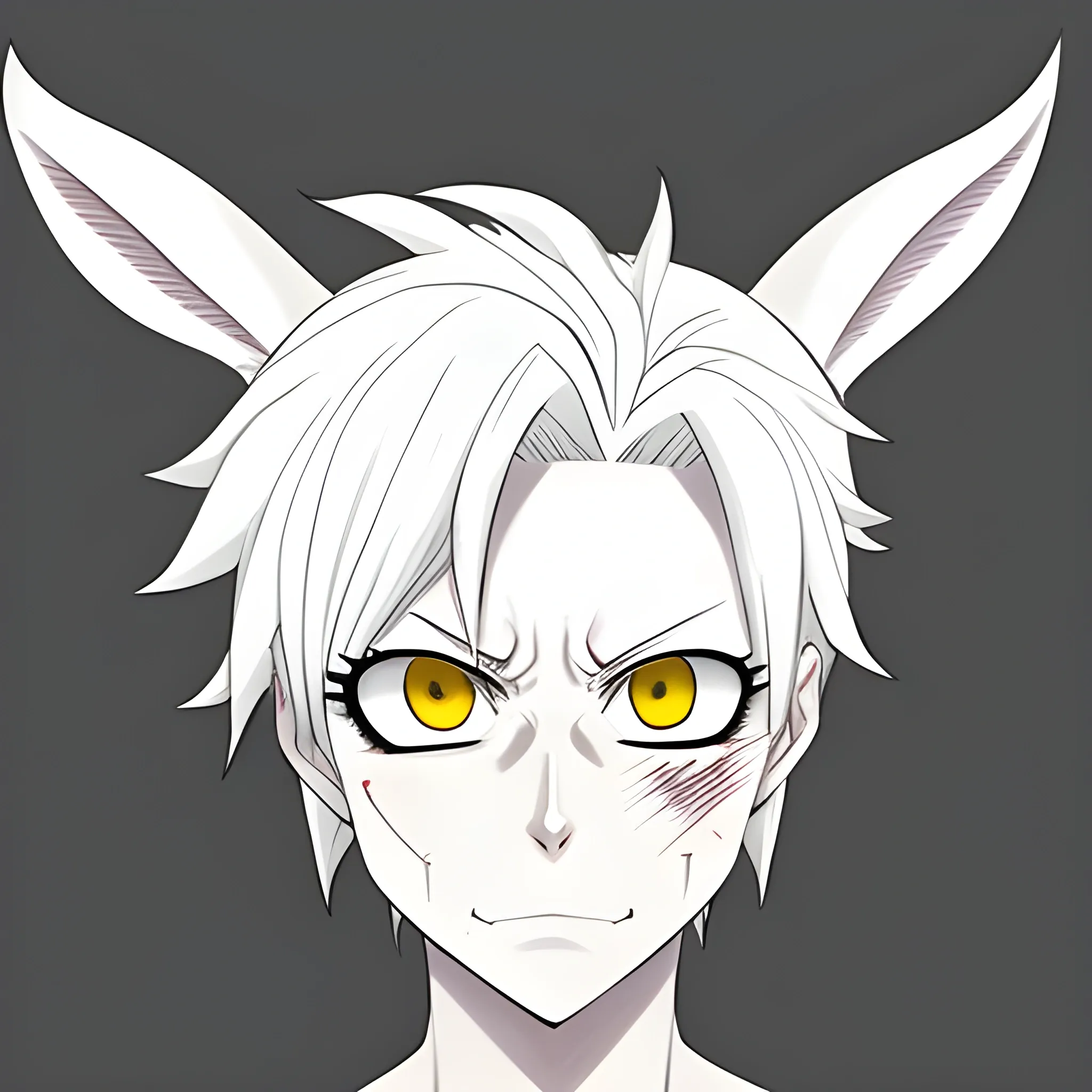 My hero academia style. Girl with white messy hair, albino skin and eyes. Left eye is blind and has a scar across it. She wears small white bunny ears. She has fangs. Her face has an annoyed, sad expression.
