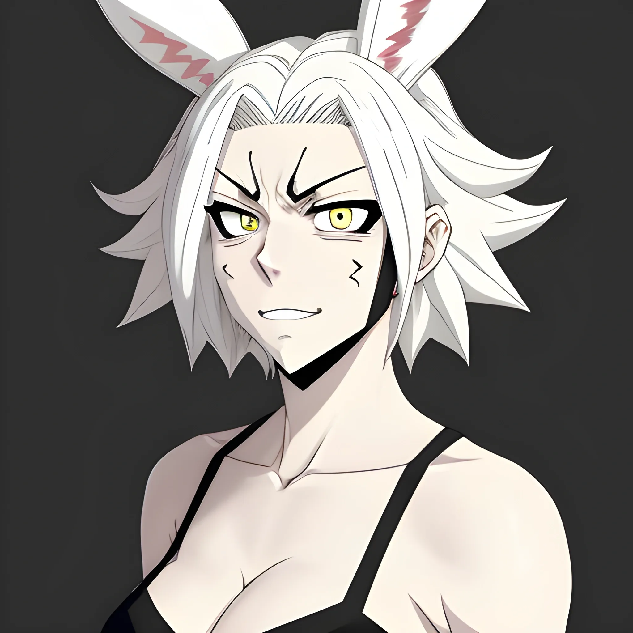 My hero academia style. Girl with white messy hair, albino skin and eyes. Left eye is blind and has a scar across it. She wears small white bunny ears. She has fangs. Her face has an annoyed, sad expression.
