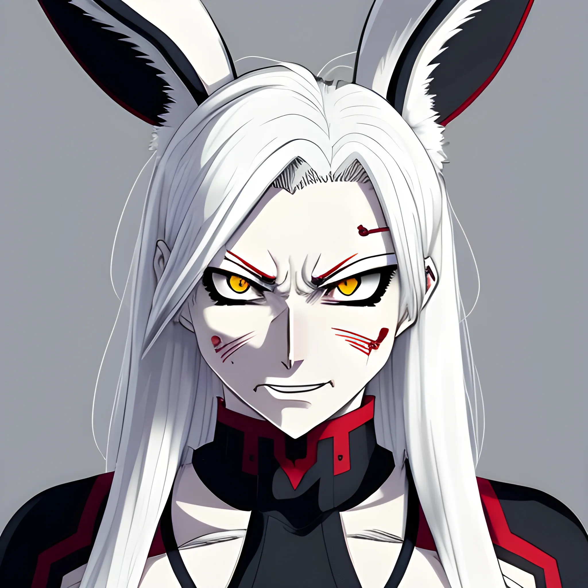 My hero academia style. Girl with white messy hair, albino skin and eyes. Left eye is blind and has a scar across it. She wears small white bunny ears. She has fangs. Her face has an annoyed, sad expression.
