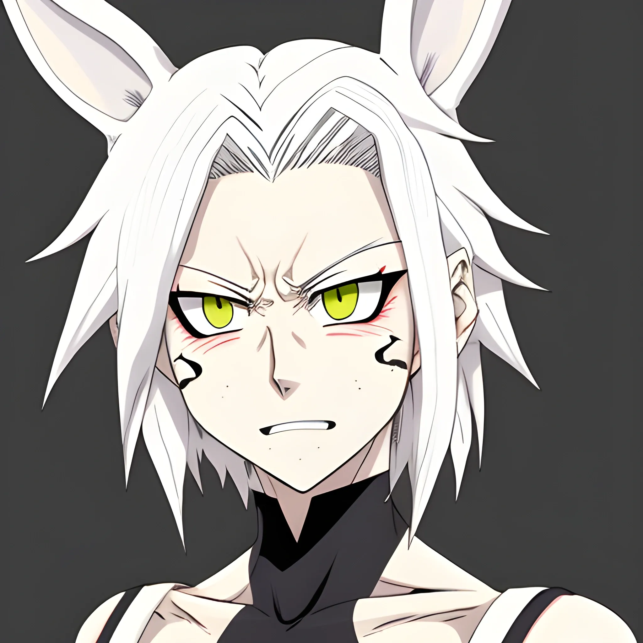 My hero academia style. cute Girl with white messy hair, albino skin and eyes. Left eye is blind and has a scar across it. She wears small white bunny ears. She has fangs. Her face has an annoyed, sad expression.
